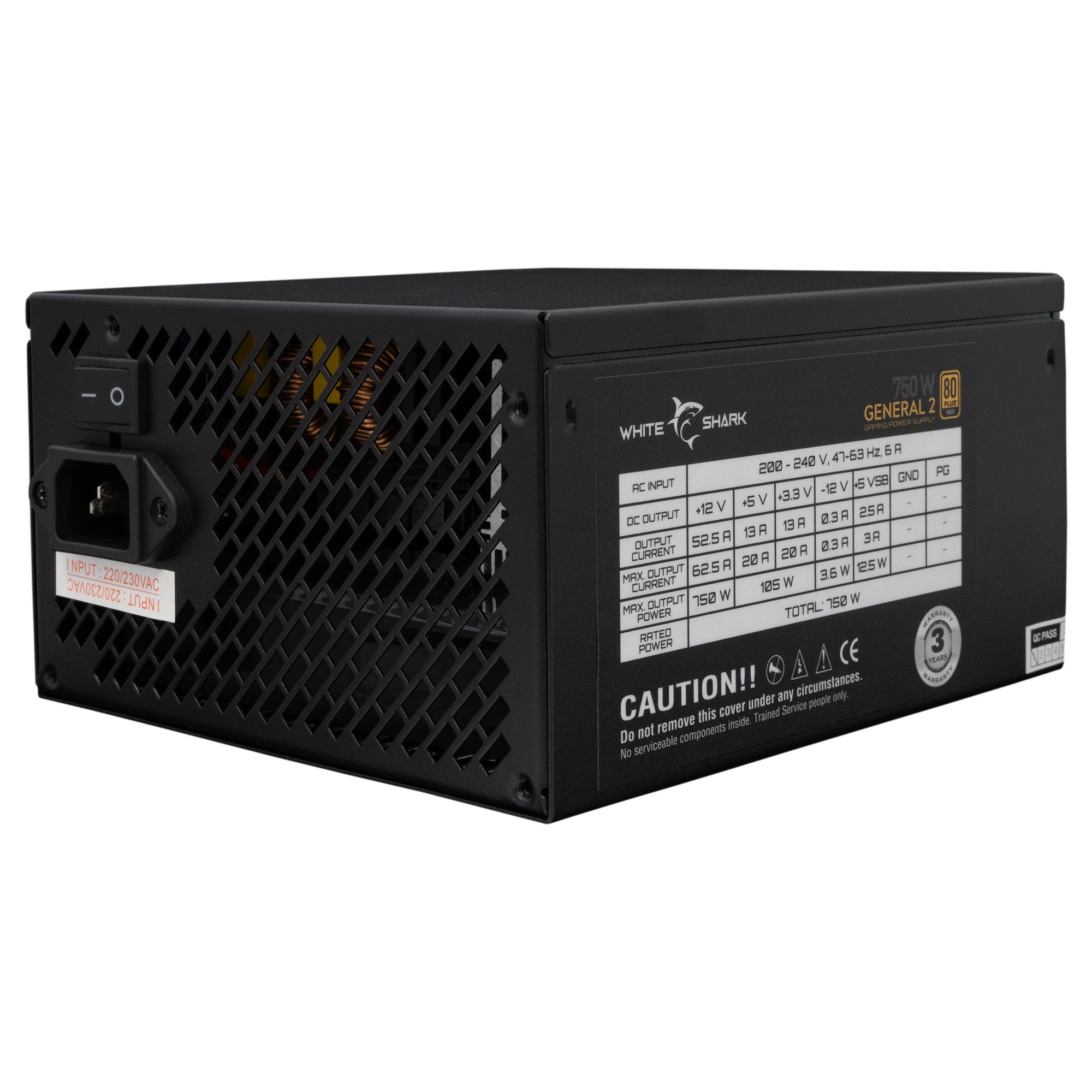 L alimentatore White Shark GENERAL-2 eroga 750 W di potenza con efficienza 80 PLUS GOLD. Completamente modulare e costruito in acciaio per una maggiore durata. Dotato di una gamma di spine e funzioni di sicurezza, tra cui OVP e SCP, assicura prestazioni o