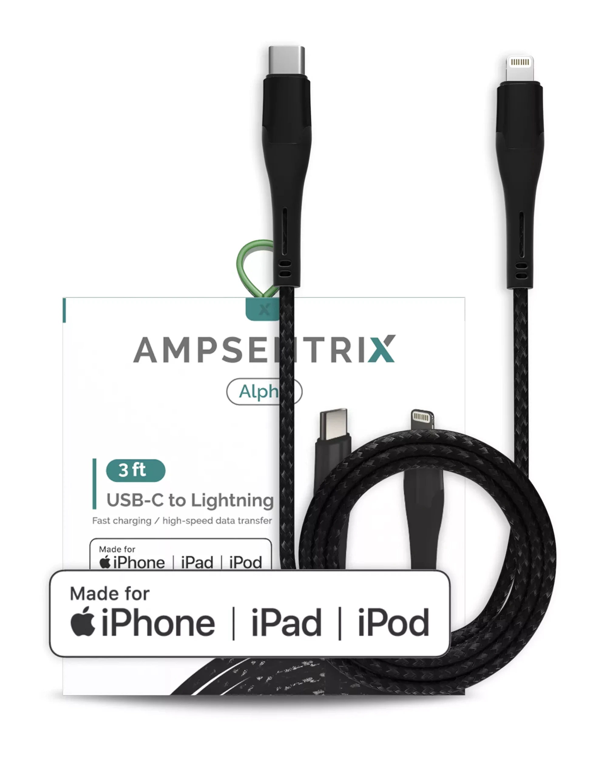 AmpSentrix Alpha Lightning to USB-C Cavo (MFI) (1m, 3ft) (Nero)