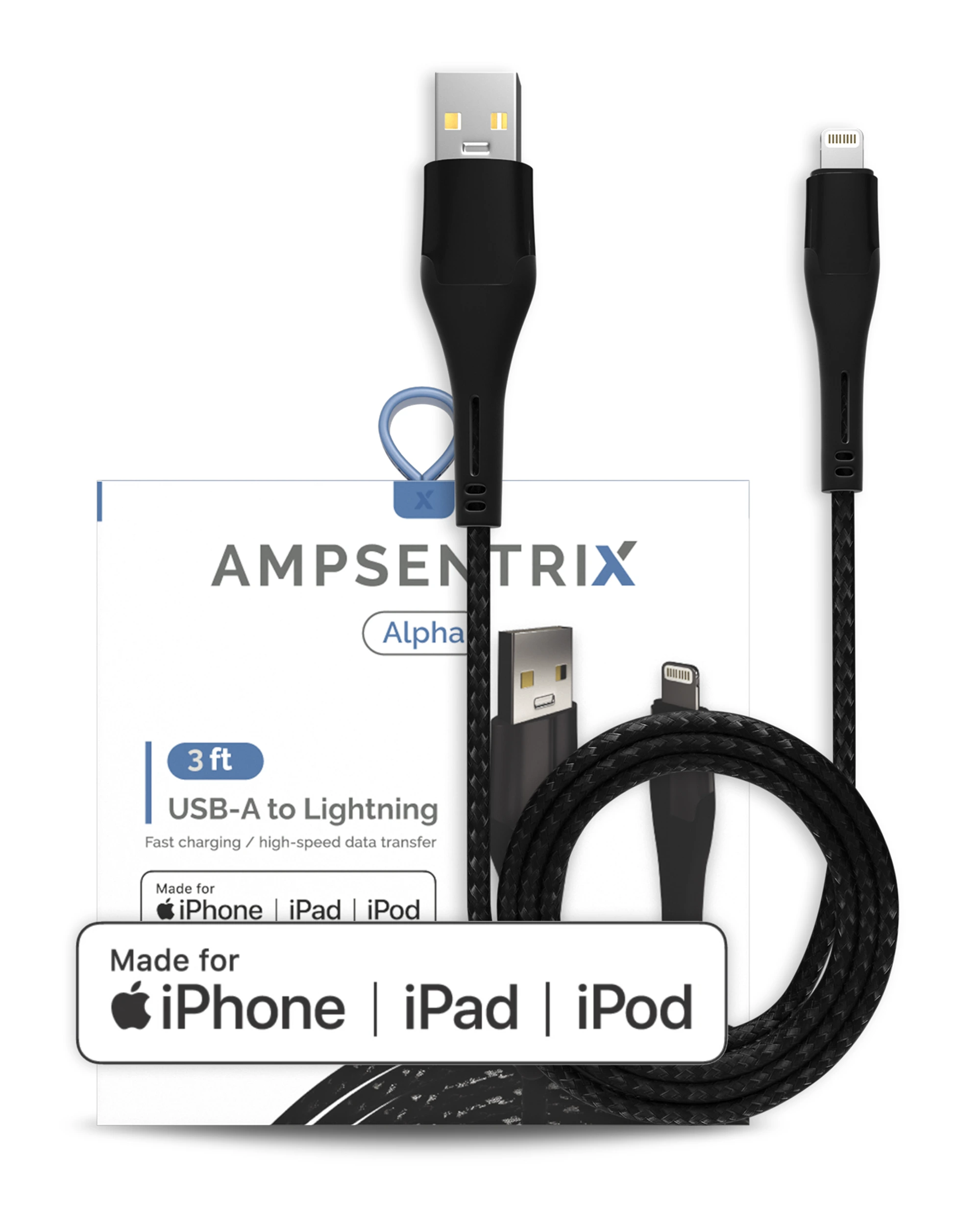 AmpSentrix Alpha Lightning to USB-A Cavo (MFI) (1m, 3ft) (Nero)