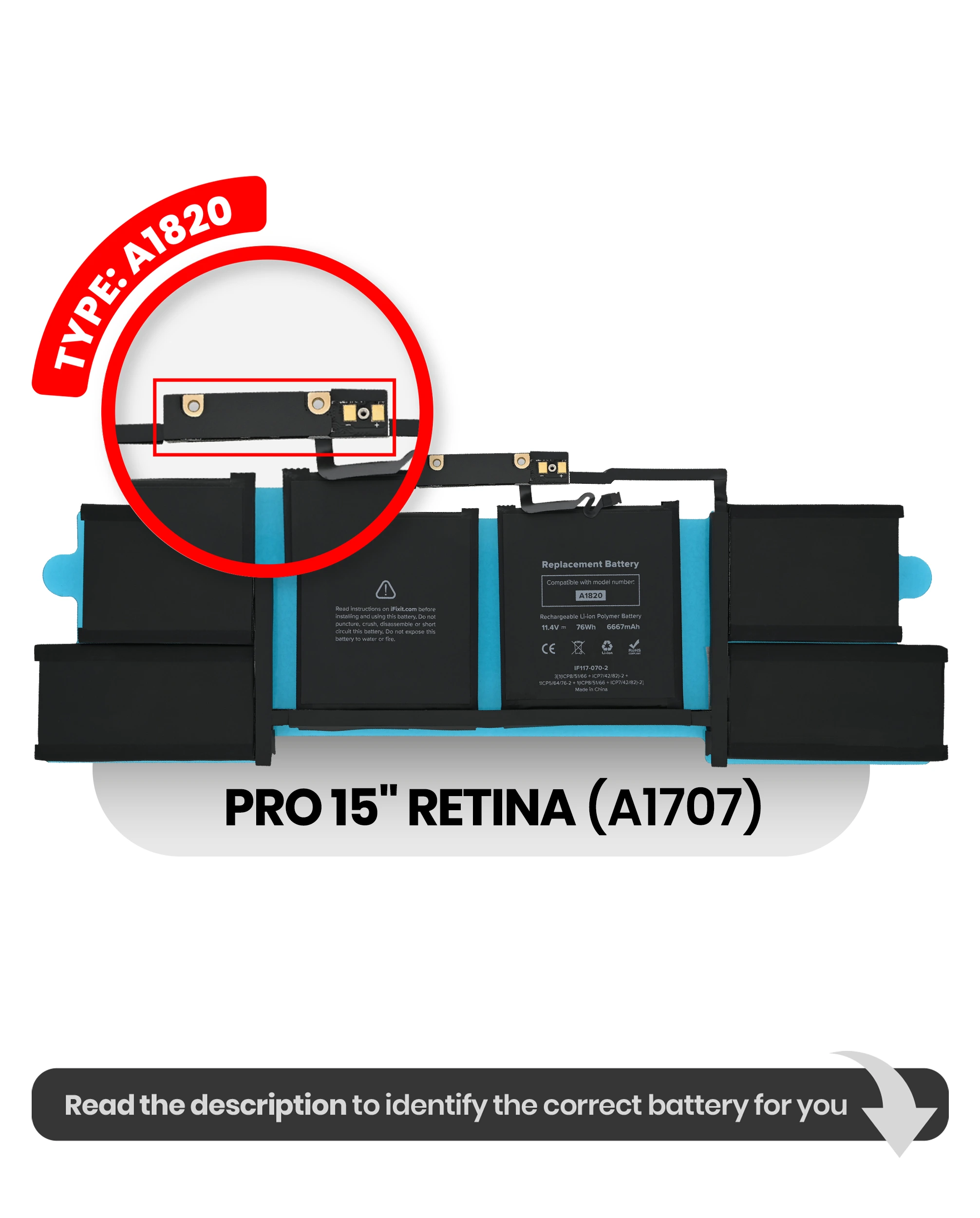 Batteria (A1820) per MacBook Pro 15" A1707 (2016-2017)