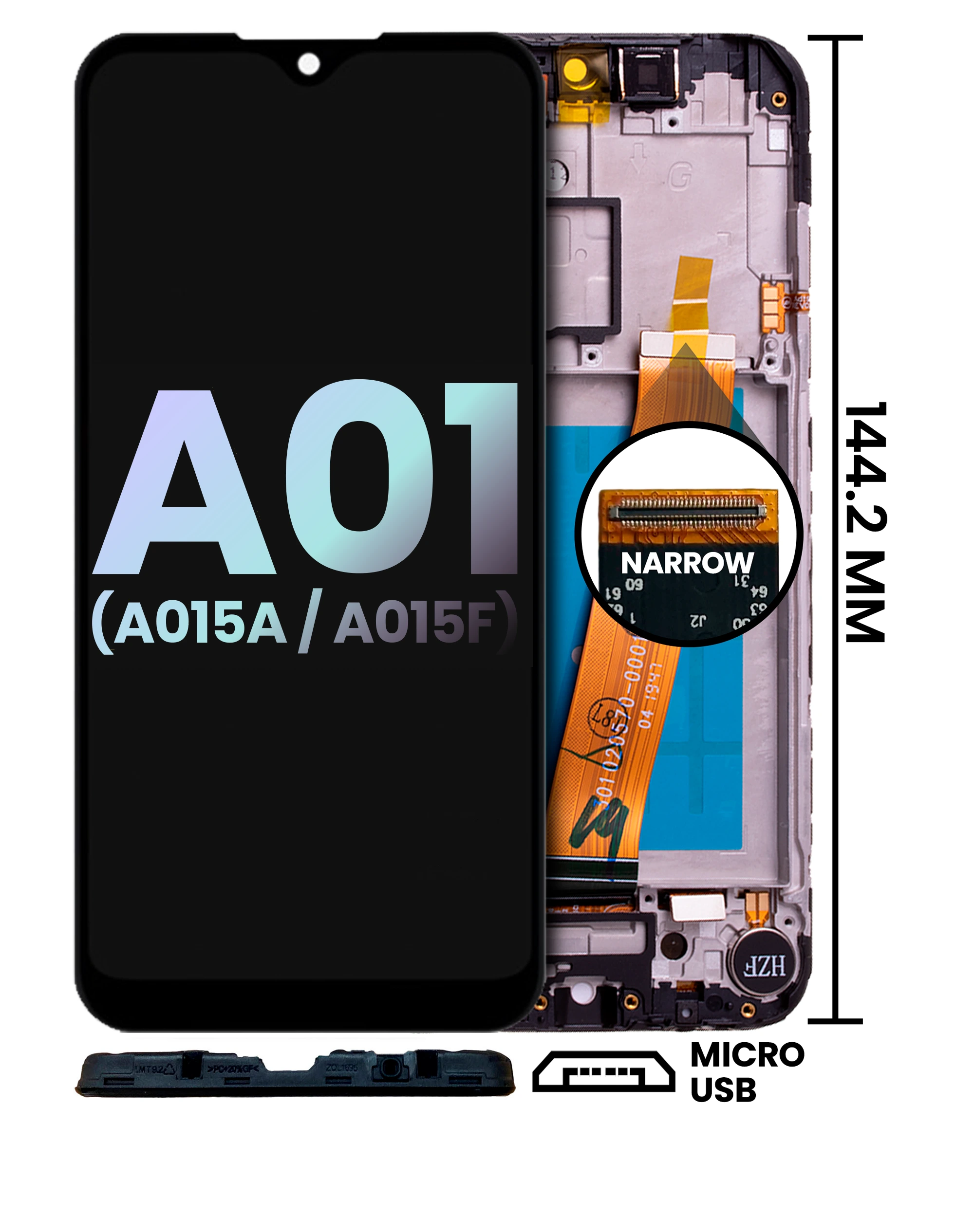 Display LCD completo con Frame per Samsung Galaxy A01 (A015A / A015F) (Micro USB Frame / Narrow FPC Connettore) (Service Pack) (tutti i colori)