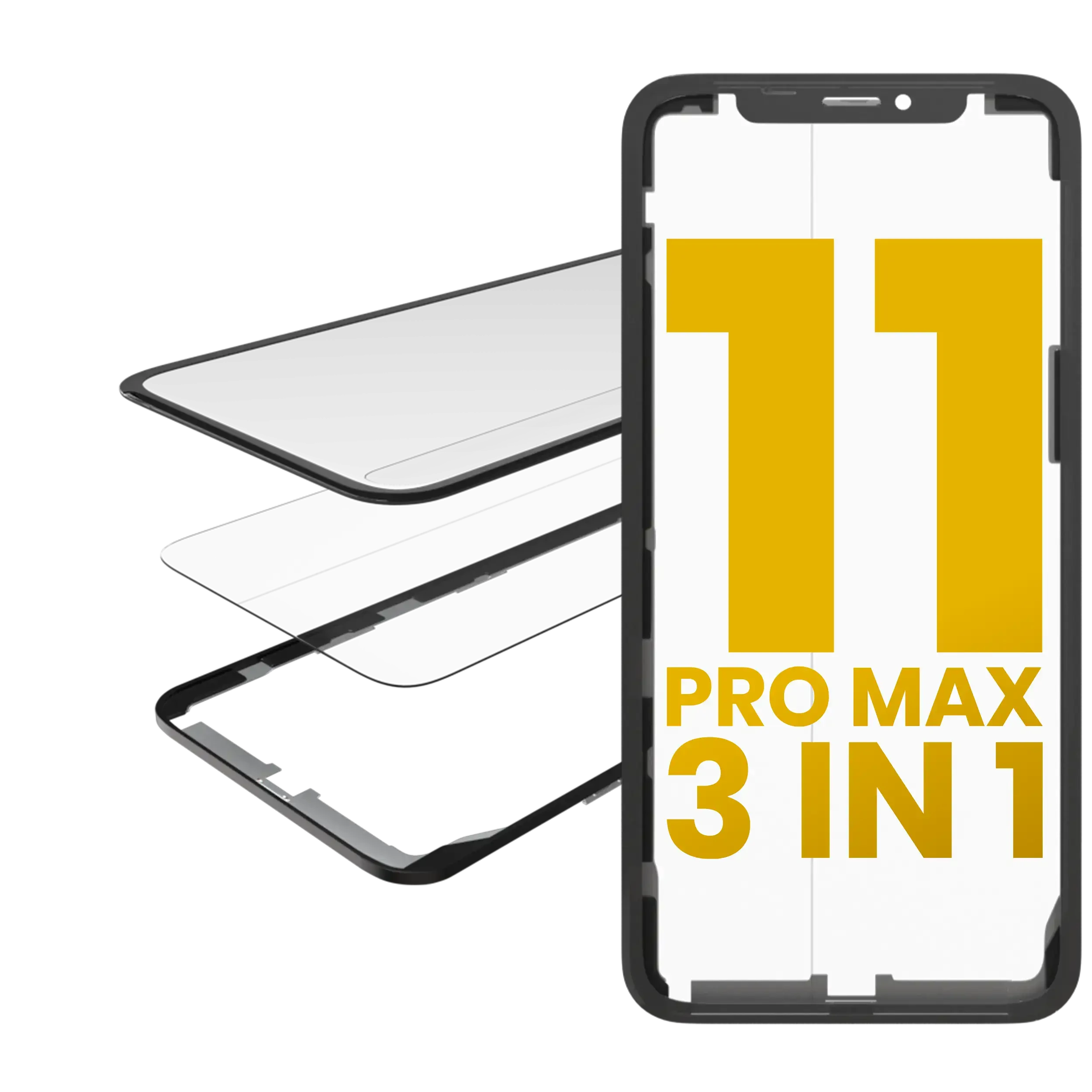 3 in 1 (Vetro con OCA preinstallato + Frame) per iPhone 11 Pro Max (OCA Master)