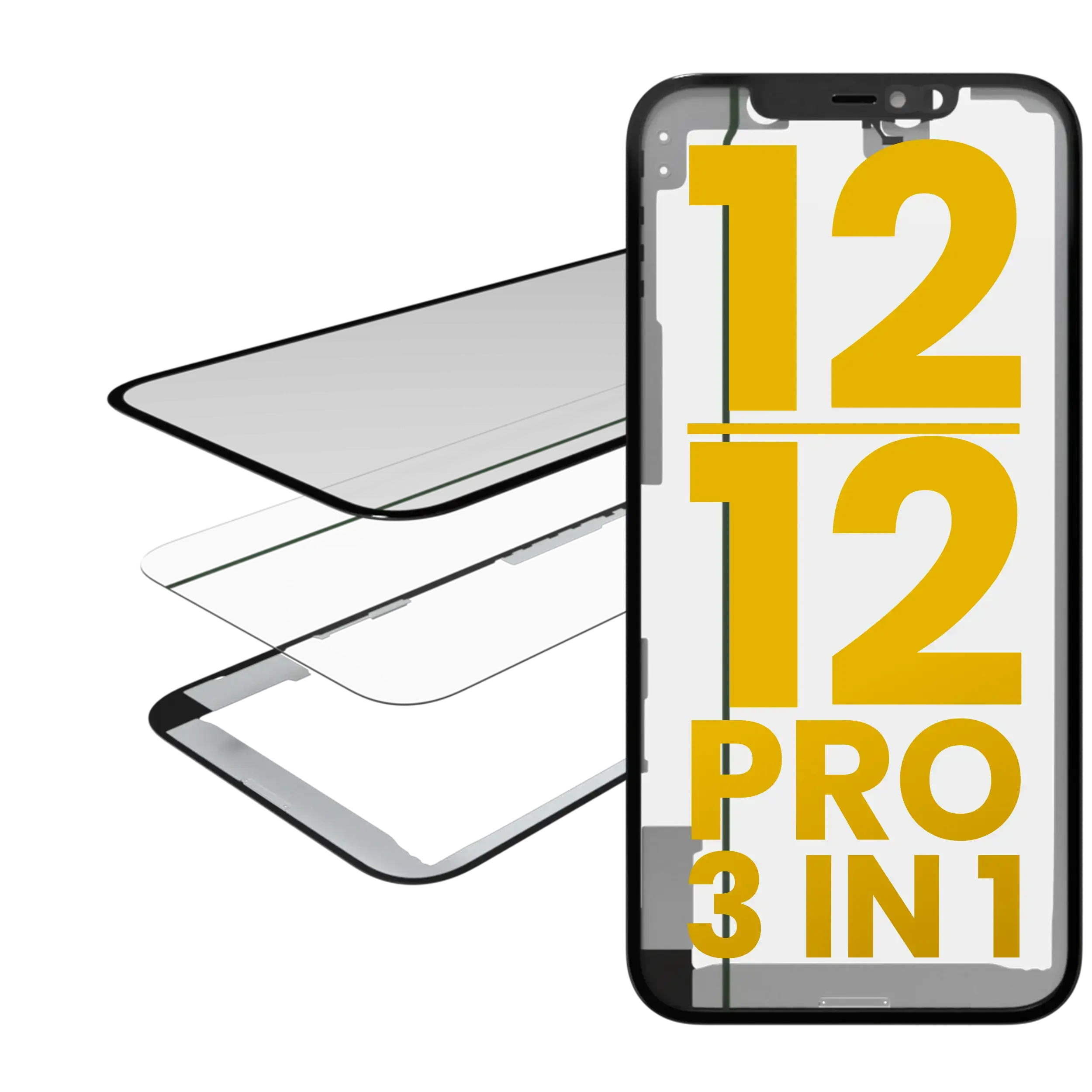 3 in 1 (Vetro con OCA preinstallato + Frame) per iPhone 12 / 12 Pro (OCA Master)