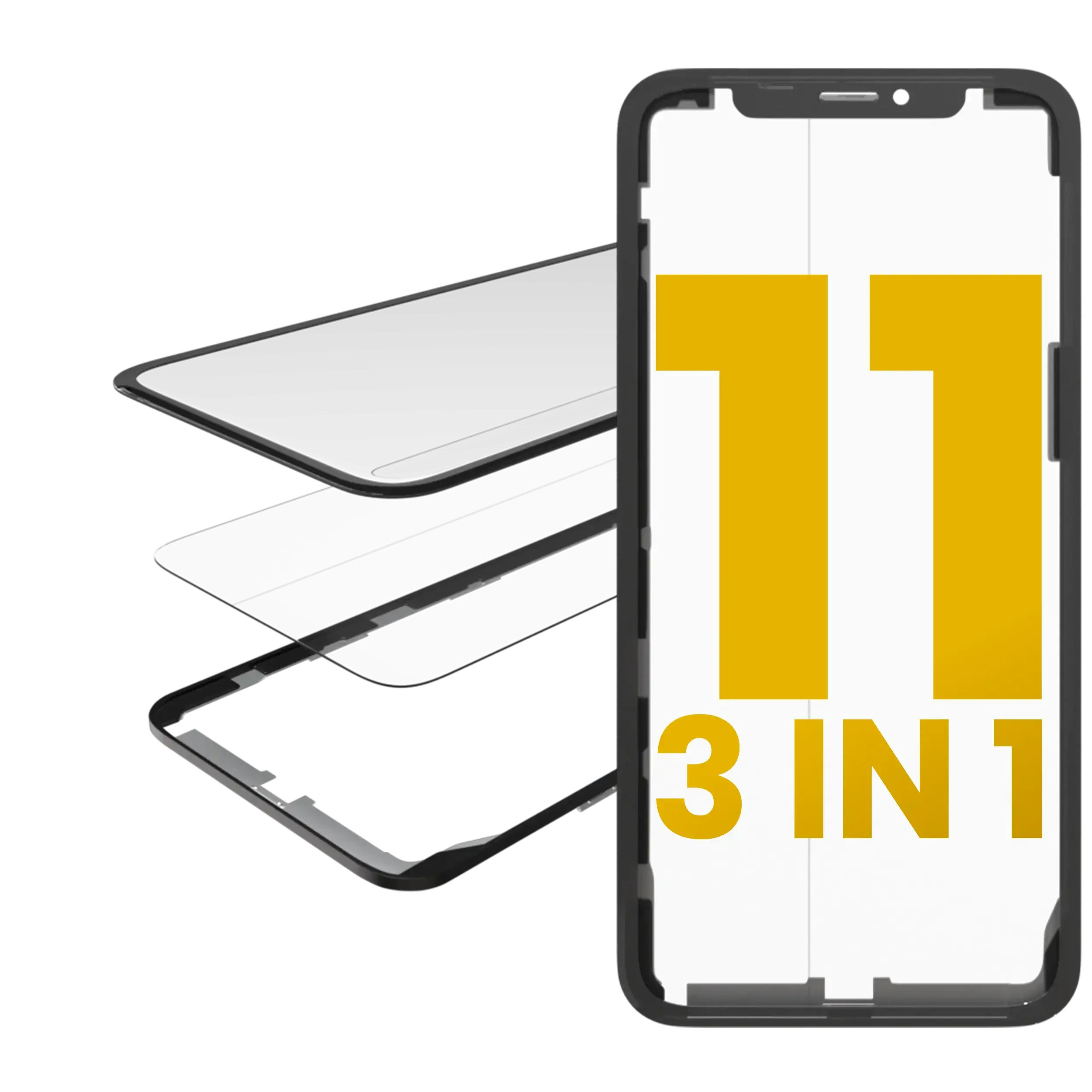 3 in 1 (Vetro con OCA preinstallato + Frame) per iPhone 11 (OCA Master) (2 pezzi)