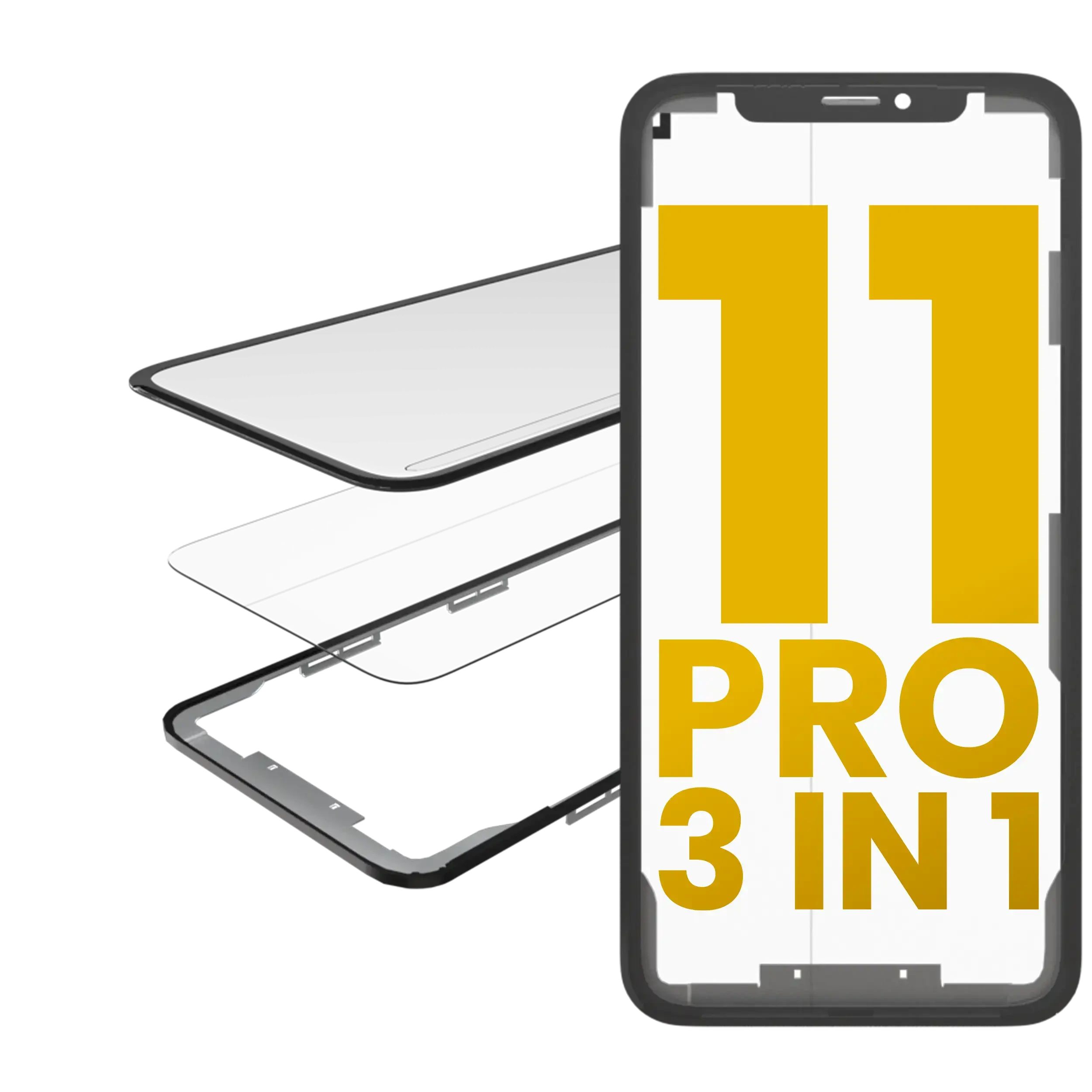 3 in 1 (Vetro con OCA preinstallato + Frame) per iPhone 11 Pro (OCA Master)
