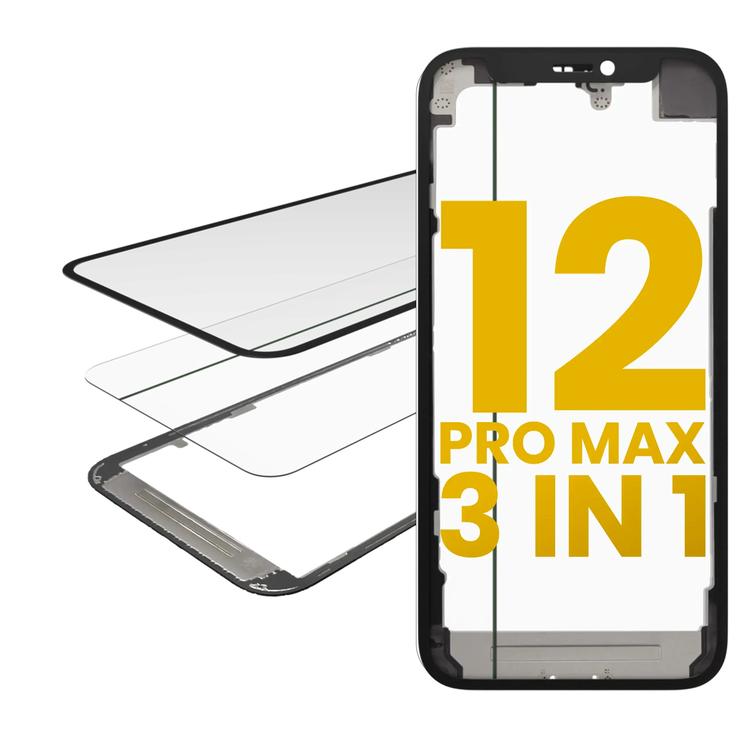 3 in 1 (Vetro con OCA preinstallato + Frame) per iPhone 12 Pro Max (OCA Master)