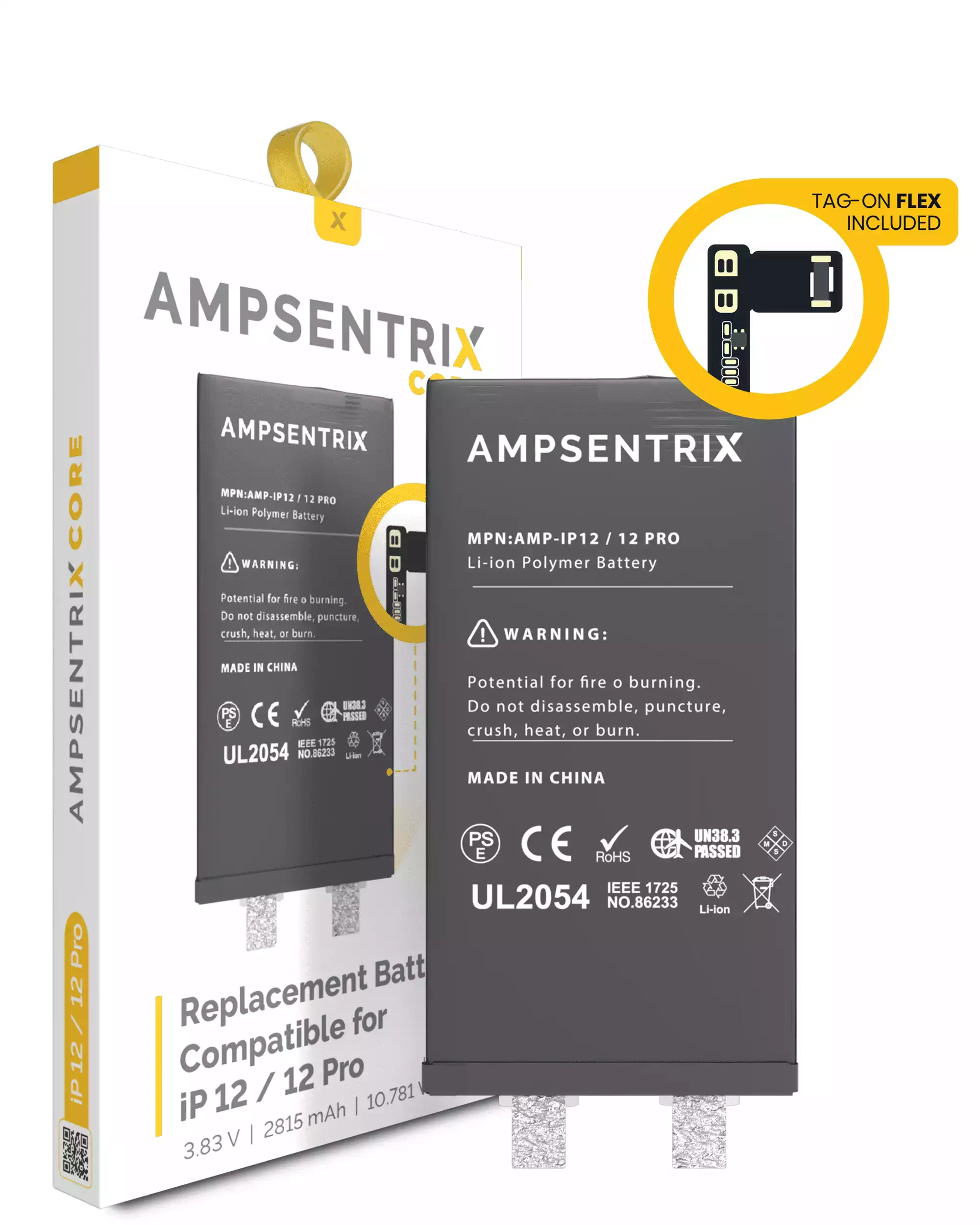 Batteria di ricambio Core con Universal Tag-On flat per iPhone 12 / 12 Pro (Spot Welding Required)