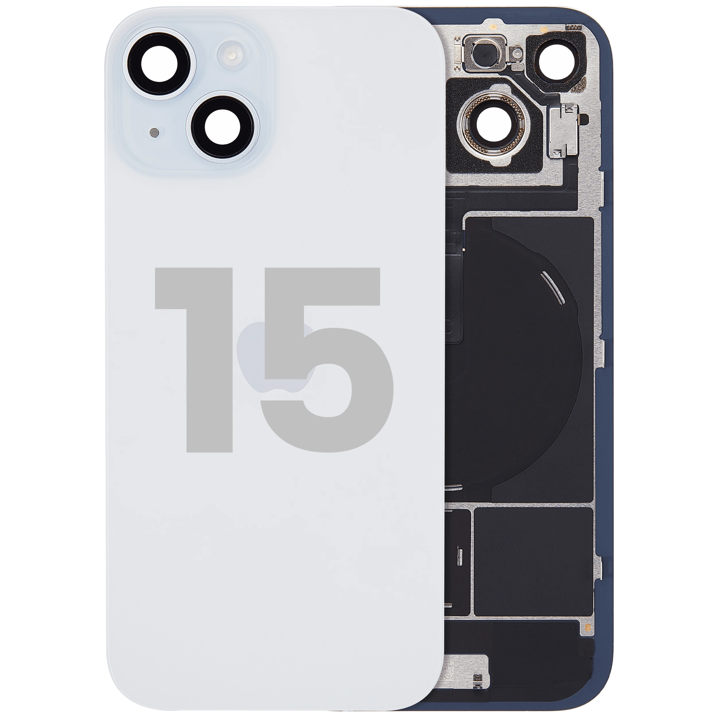 Vetro posteriore con magnete MagSafe, NFC e flat flash per iPhone 15 (Used Service Pack Pull: grado A) (Blu)