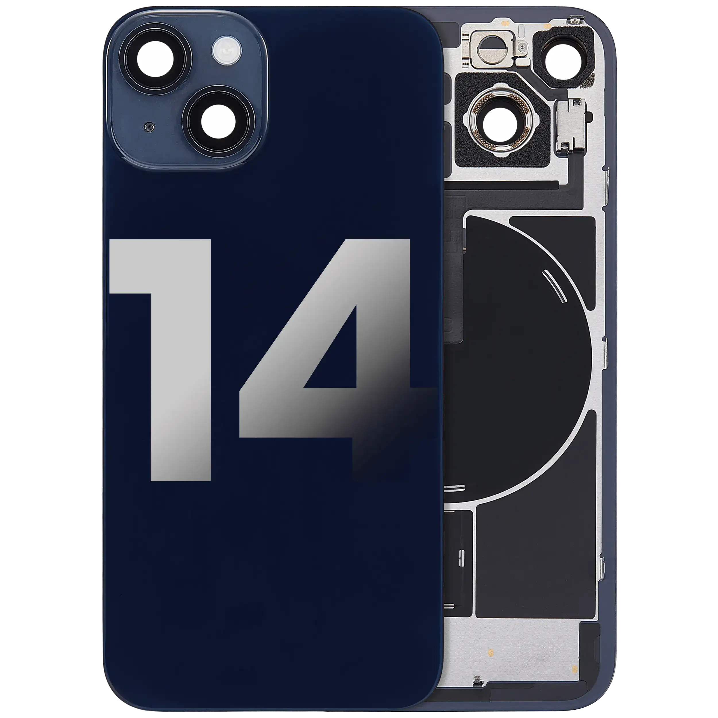 Vetro posteriore con magnete MagSafe, NFC e flat flash per iPhone 14 (Used Service Pack Pull: Grade B) (Mezzanotte)