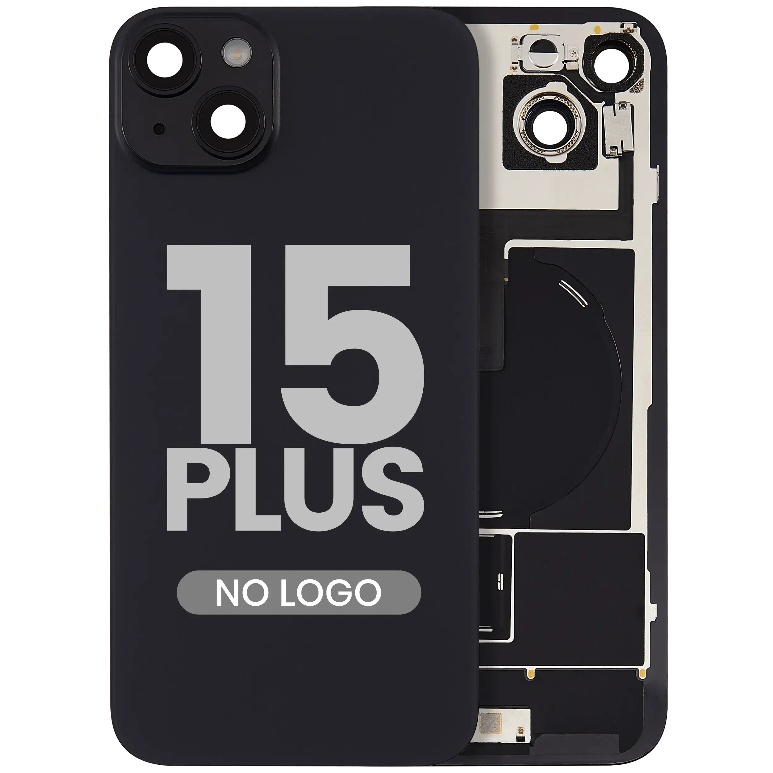 Vetro posteriore con magnete MagSafe, NFC e flat flash per iPhone 15 Plus (Aftermarket) (Nero) (No Logo)