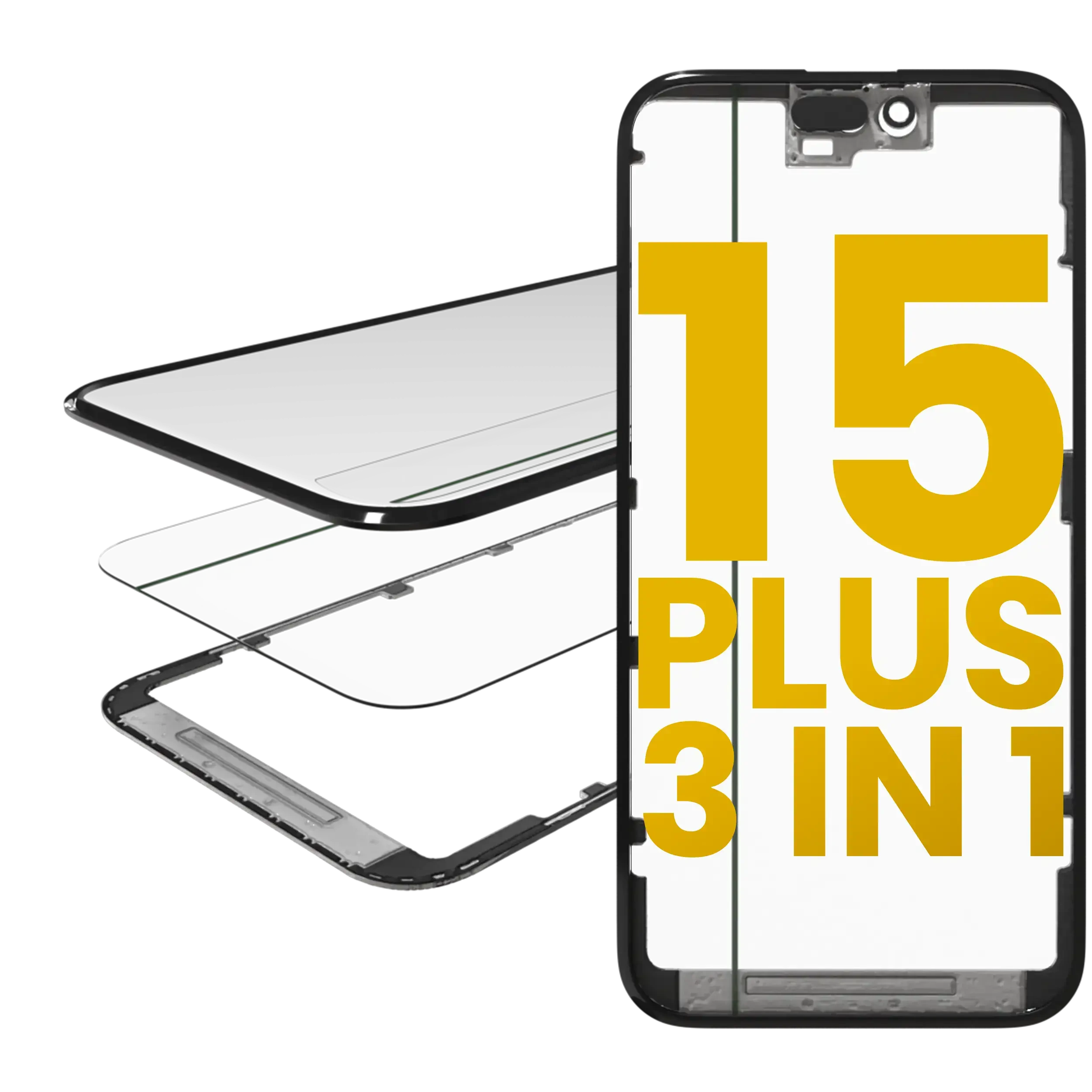 3 in 1 (Vetro con OCA preinstallato + Frame) per iPhone 15 Plus (OCA Master)