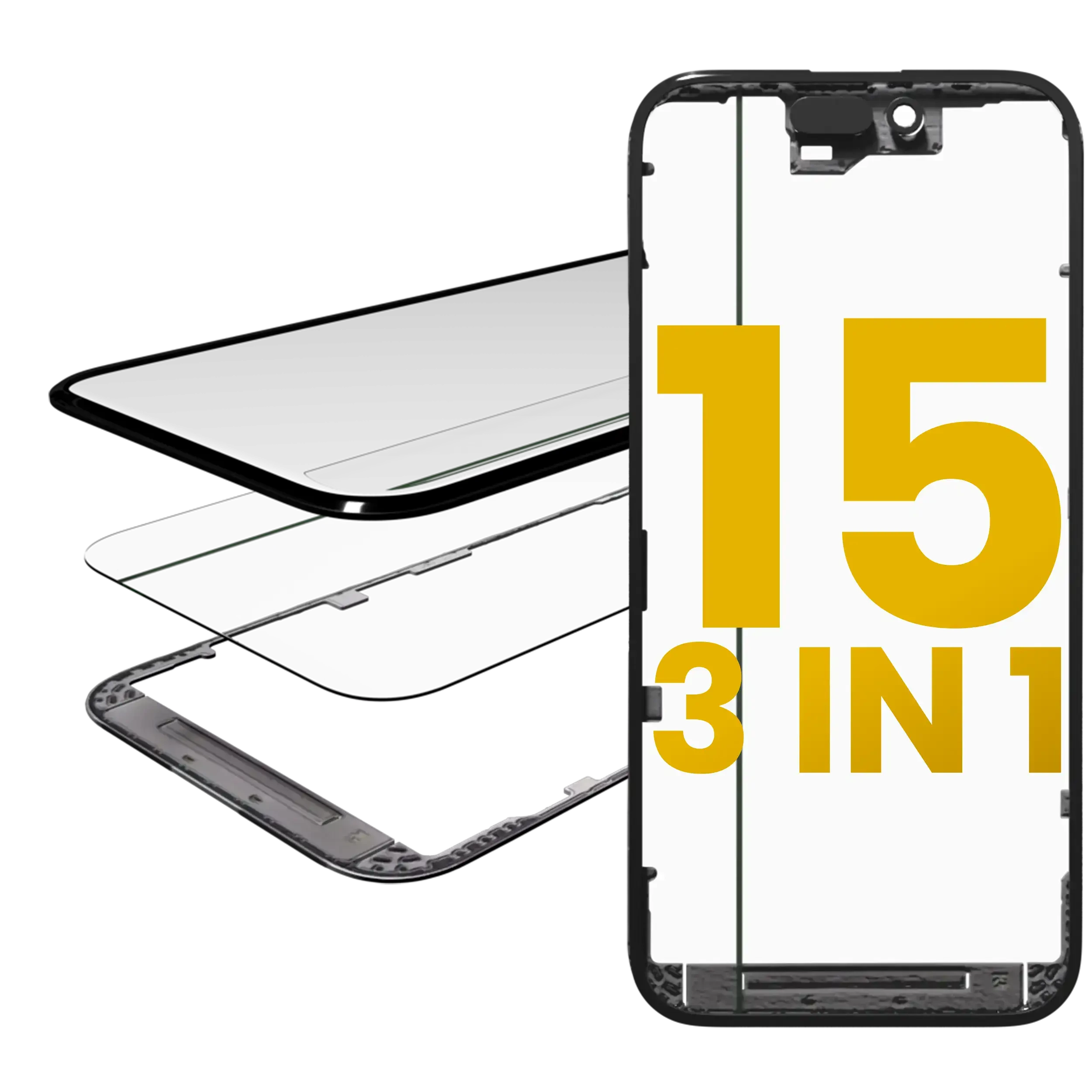 3 in 1 (Vetro con OCA preinstallato + Frame) per iPhone 15 (OCA Master)