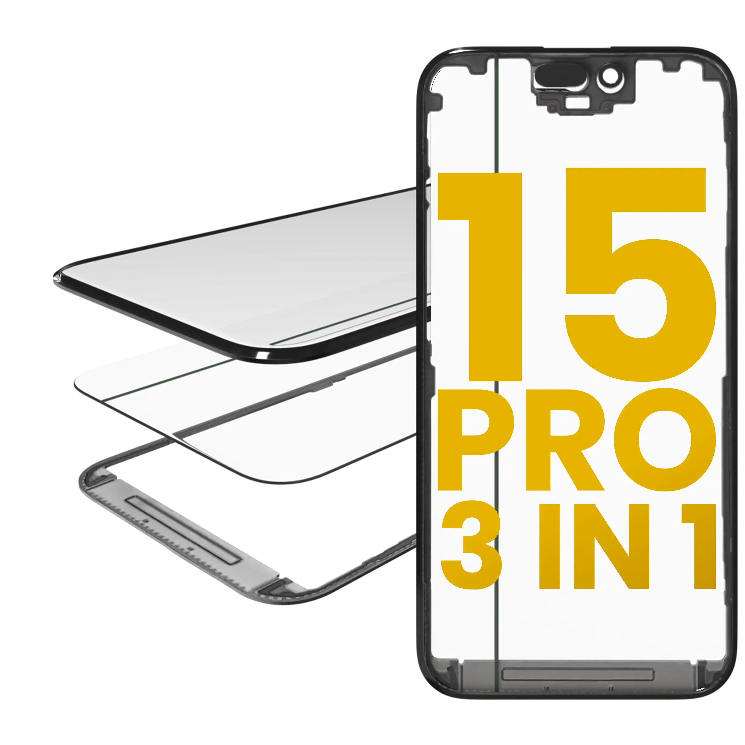 3 in 1 (Vetro con OCA preinstallato + Frame) per iPhone 15 Pro (OCA Master)