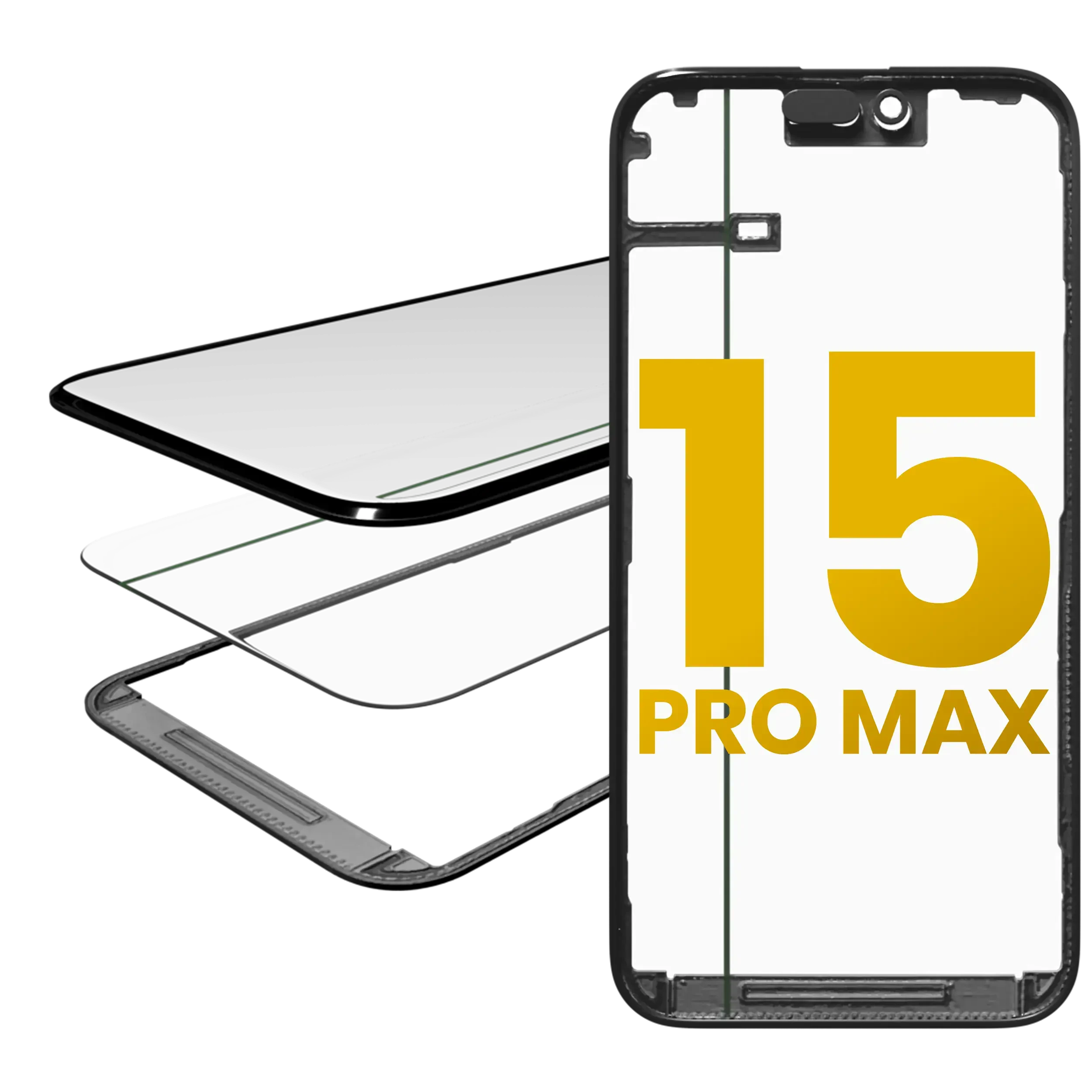 3 in 1 (Vetro con OCA preinstallato + Frame) per iPhone 15 Pro Max (OCA Master)