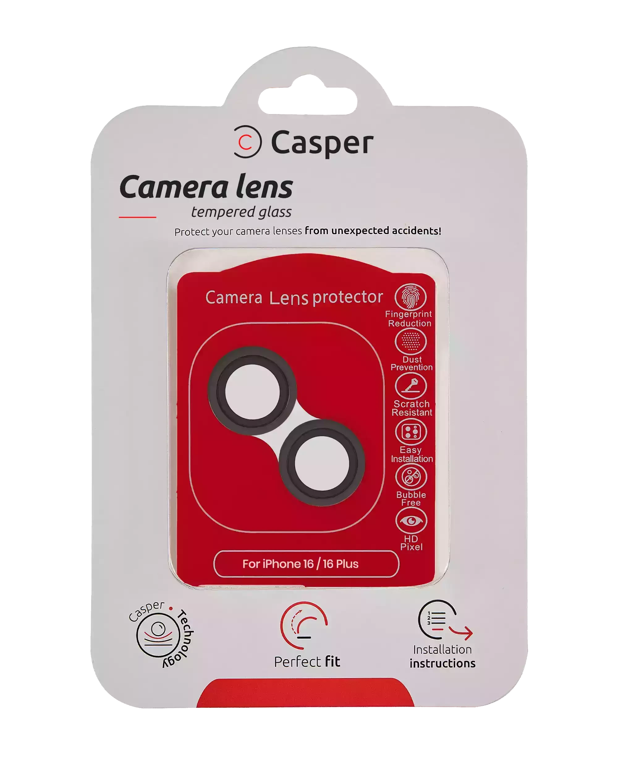 Casper Vetro fotocamera Protector per iPhone 16 / 16 Plus (Nero) (Trasparente)