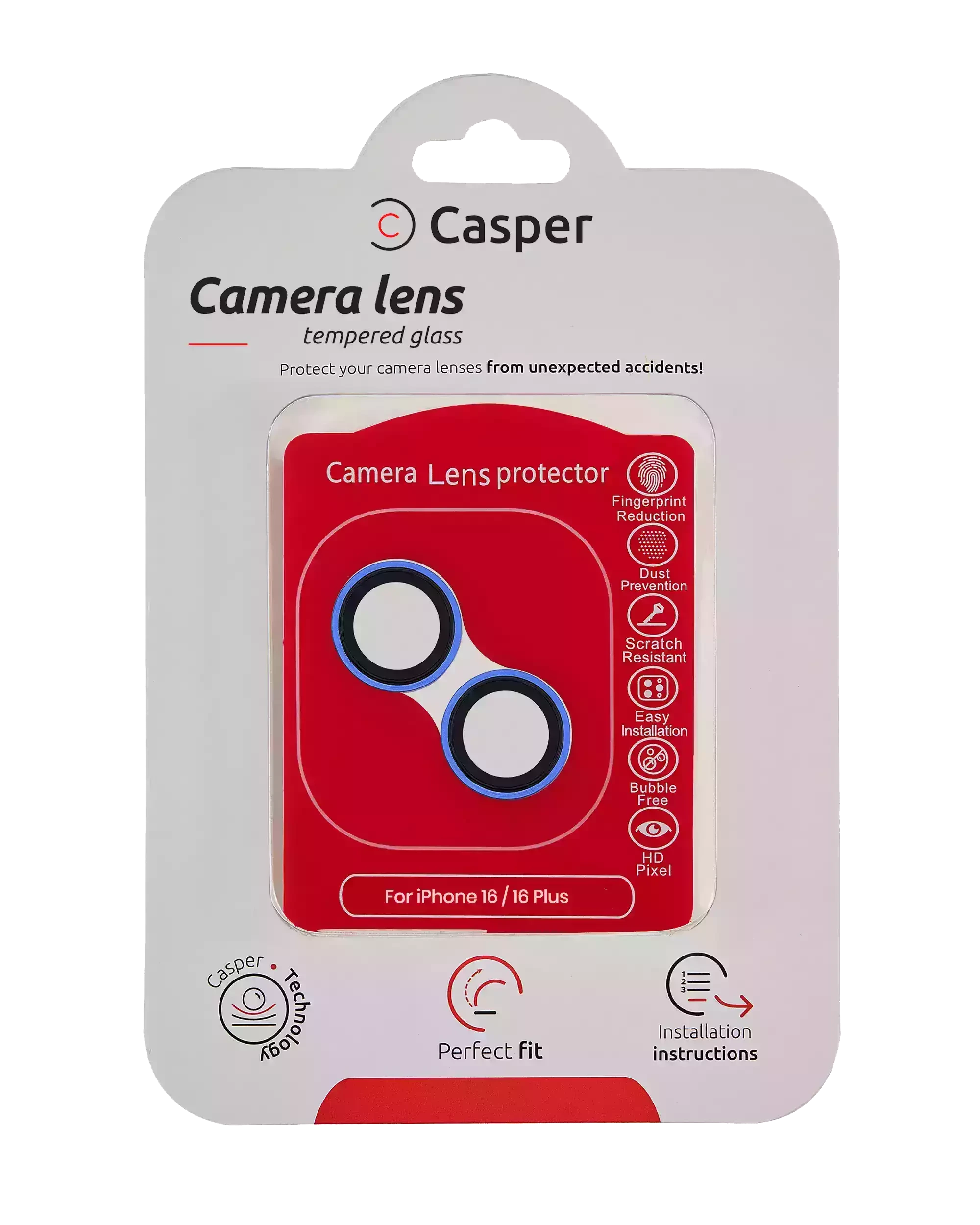 Casper Vetro fotocamera Protector per iPhone 16 / 16 Plus (Blu oltremare) (Trasparente)