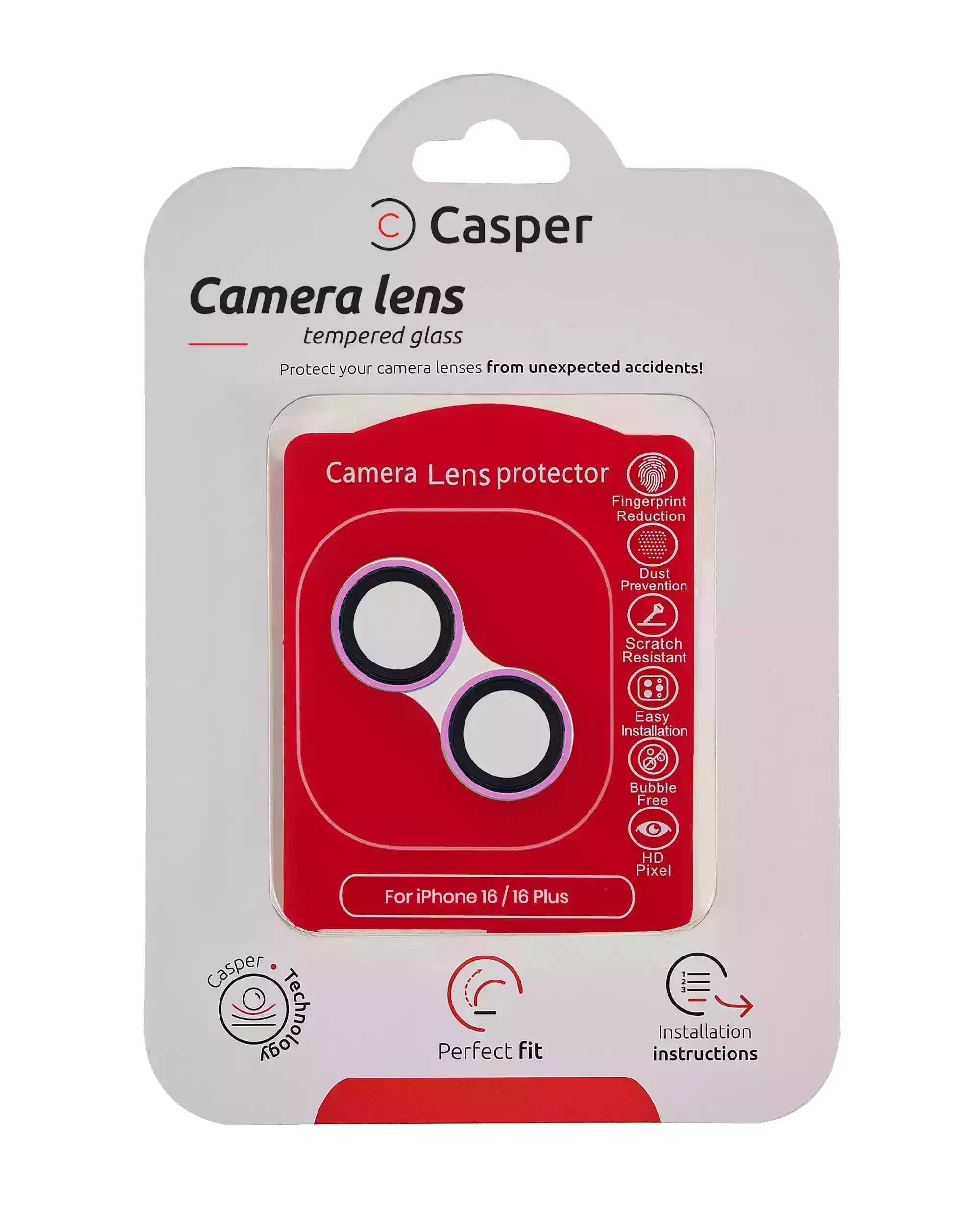 Casper Vetro fotocamera Protector per iPhone 16 / 16 Plus (Rosa) (Trasparente)
