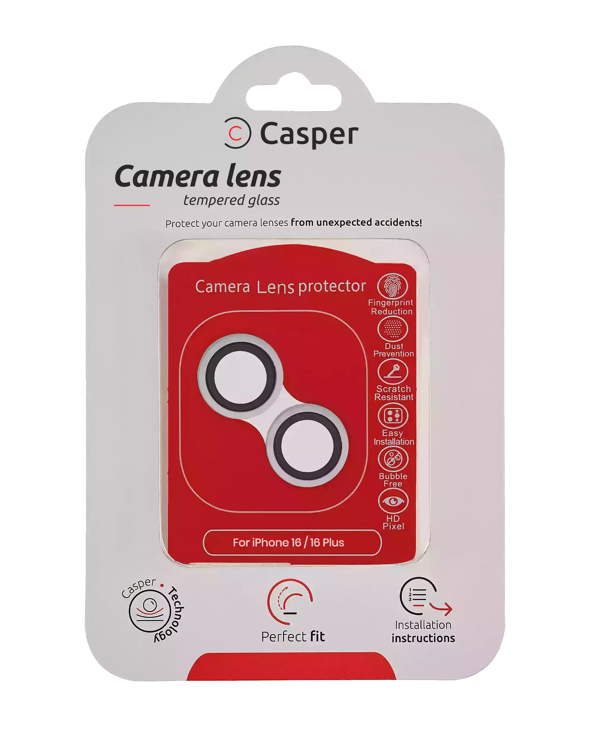 Casper Vetro fotocamera Protector per iPhone 16 / 16 Plus (Bianco) (Trasparente)