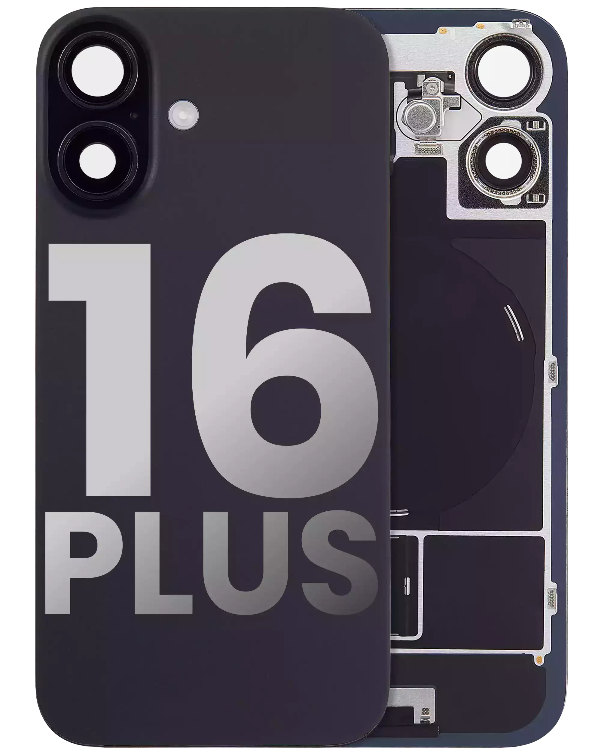 Vetro posteriore con magnete MagSafe, NFC e flat flash per iPhone 16 Plus (Used Service Pack Pull: grado A) (Nero)
