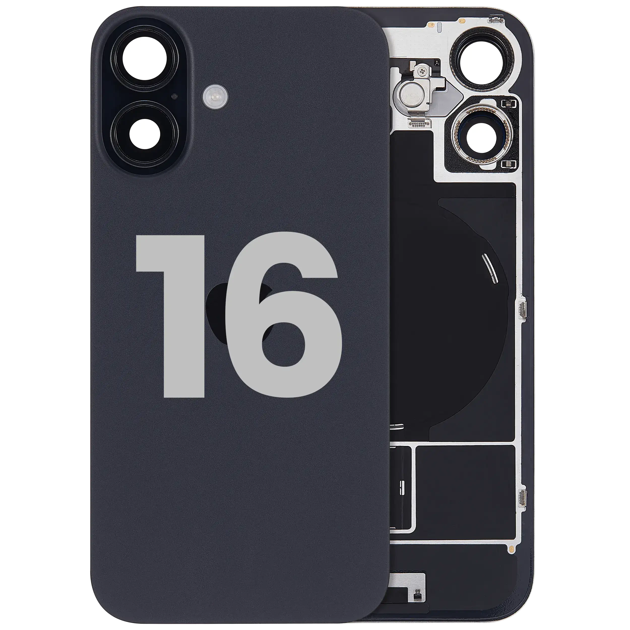 Vetro posteriore con magnete MagSafe, NFC e flat flash per iPhone 16 (Used Service Pack Pull: grado A) (Nero)