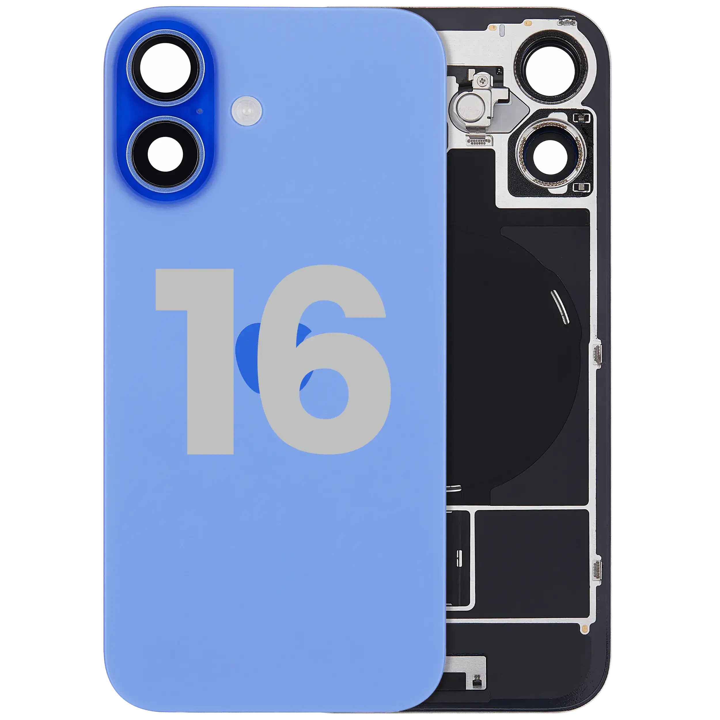 Vetro posteriore con magnete MagSafe, NFC e flat flash per iPhone 16 (Used Service Pack Pull: grado A) (Blu oltremare)