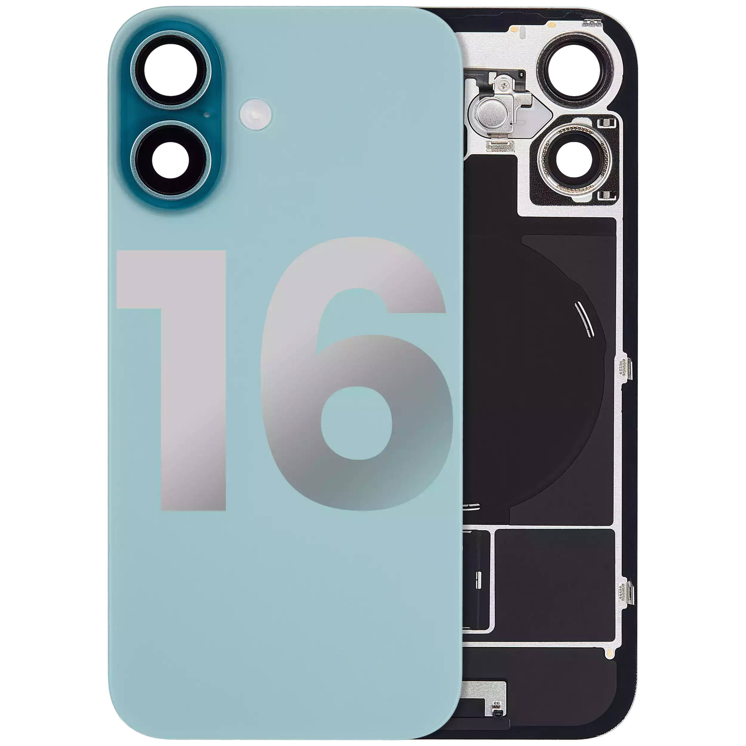 Vetro posteriore con magnete MagSafe, NFC e flat flash per iPhone 16 (Used Service Pack Pull: grado A) (Verde petrolio)
