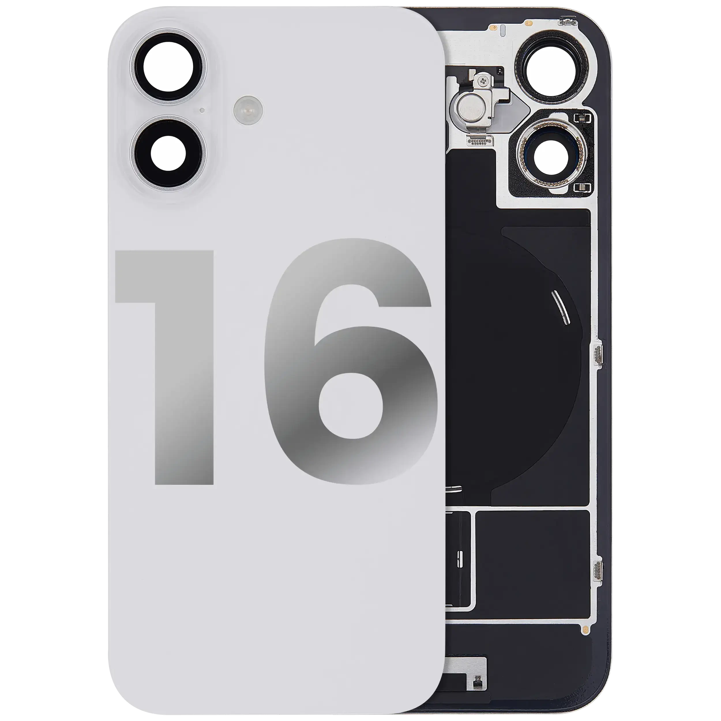 Vetro posteriore con magnete MagSafe, NFC e flat flash per iPhone 16 (Used Service Pack Pull: grado A) (Bianco)
