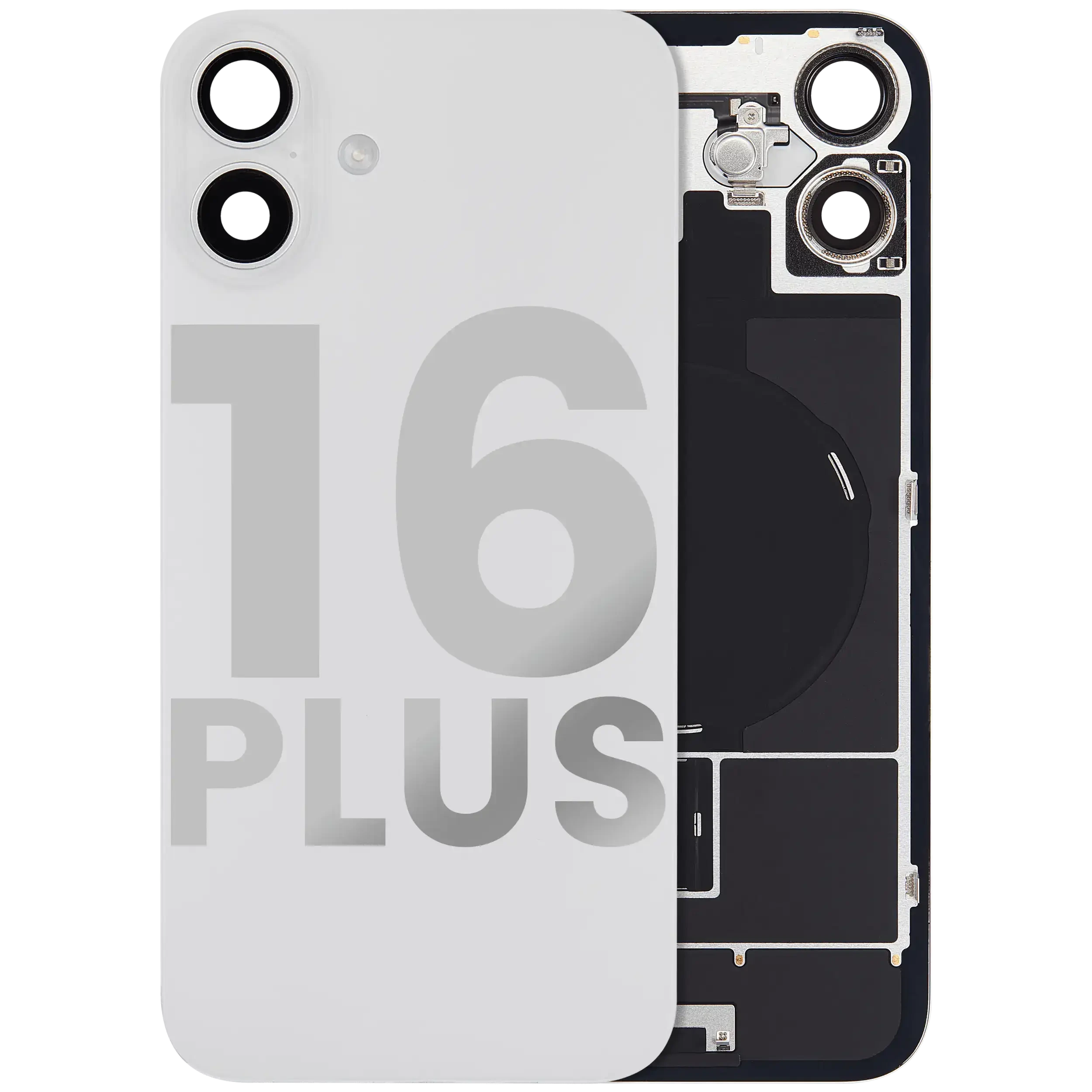 Vetro posteriore con magnete MagSafe, NFC e flat flash per iPhone 16 Plus (Used Service Pack Pull: grado A) (Bianco)
