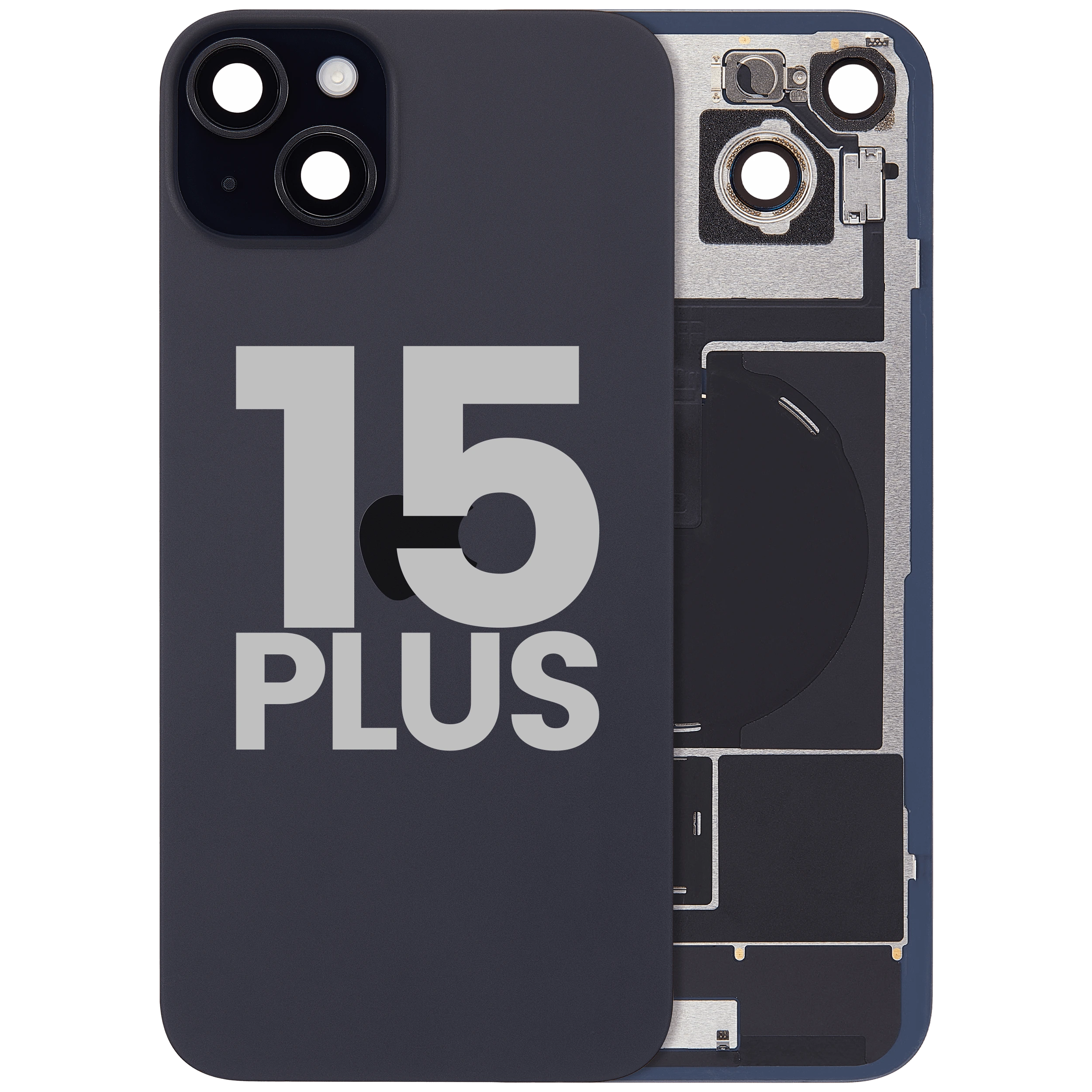 Vetro posteriore con magnete MagSafe, NFC e flat flash per iPhone 15 Plus (Used Service Pack Pull: Grade B) (Nero)