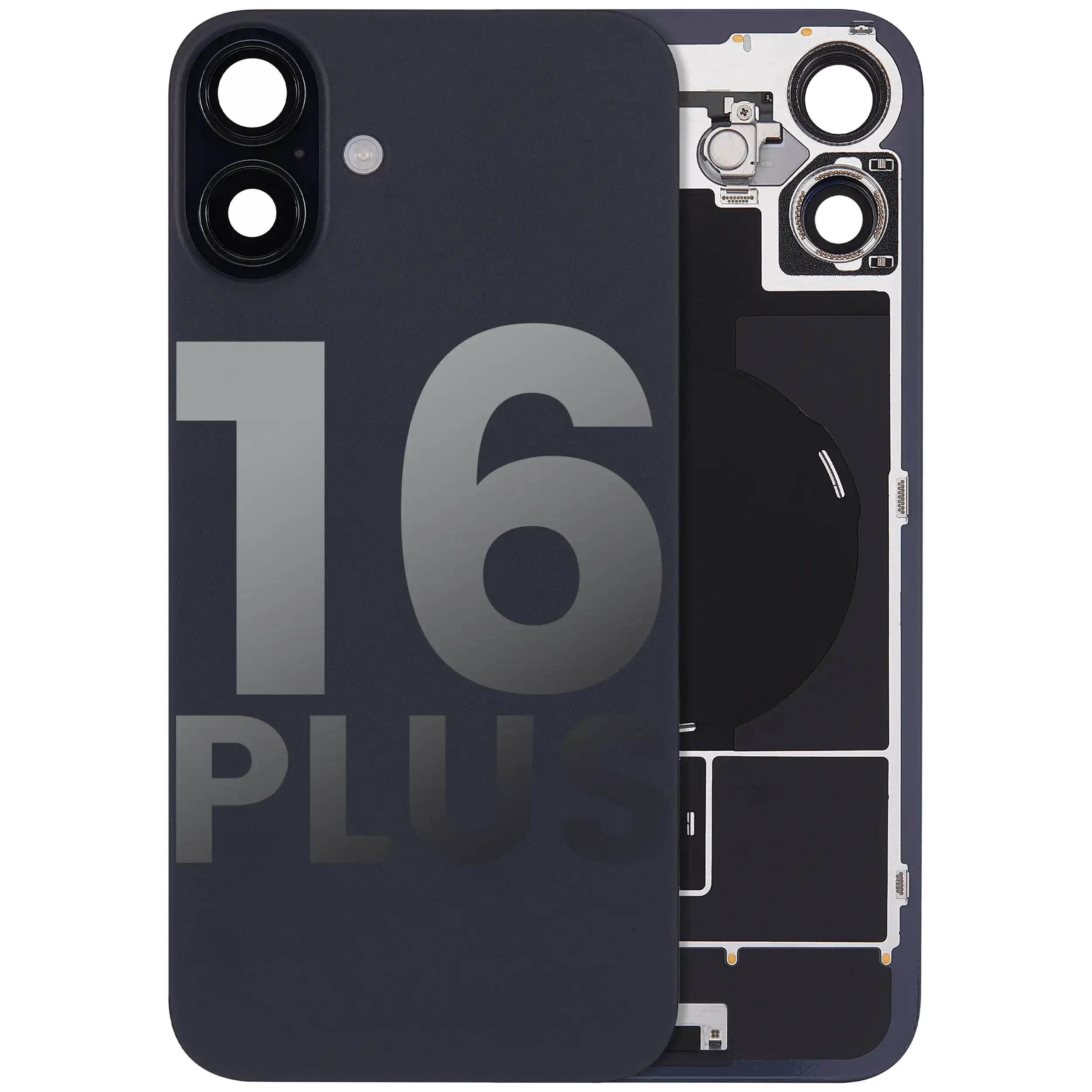 Vetro posteriore con magnete MagSafe, NFC e flat flash per iPhone 16 Plus (Used Service Pack Pull: Grade B) (Nero)