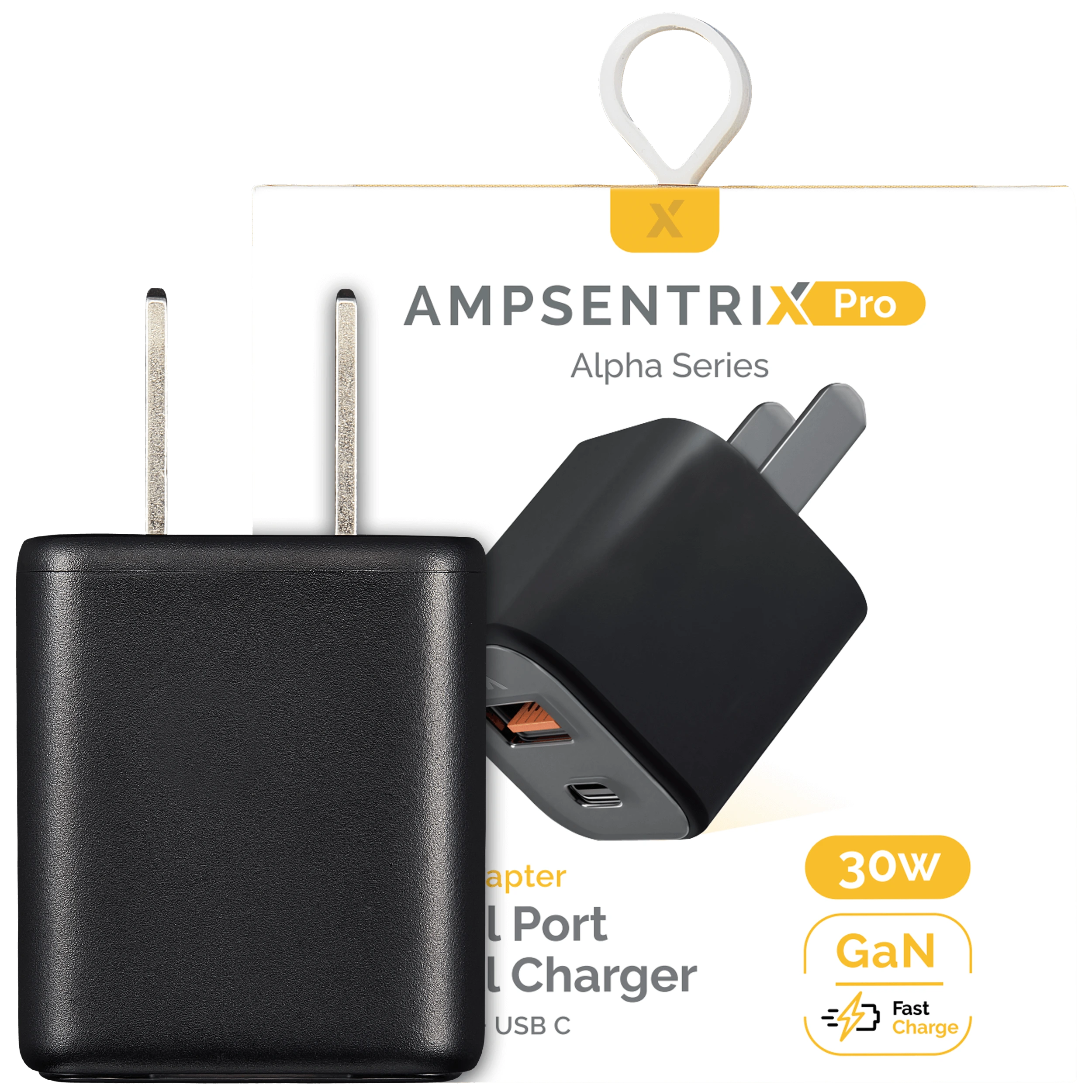 AmpSentrix Pro 30W 2-in-1 USB-C / USB-A GaN Wall Adapter (Titanio nero)