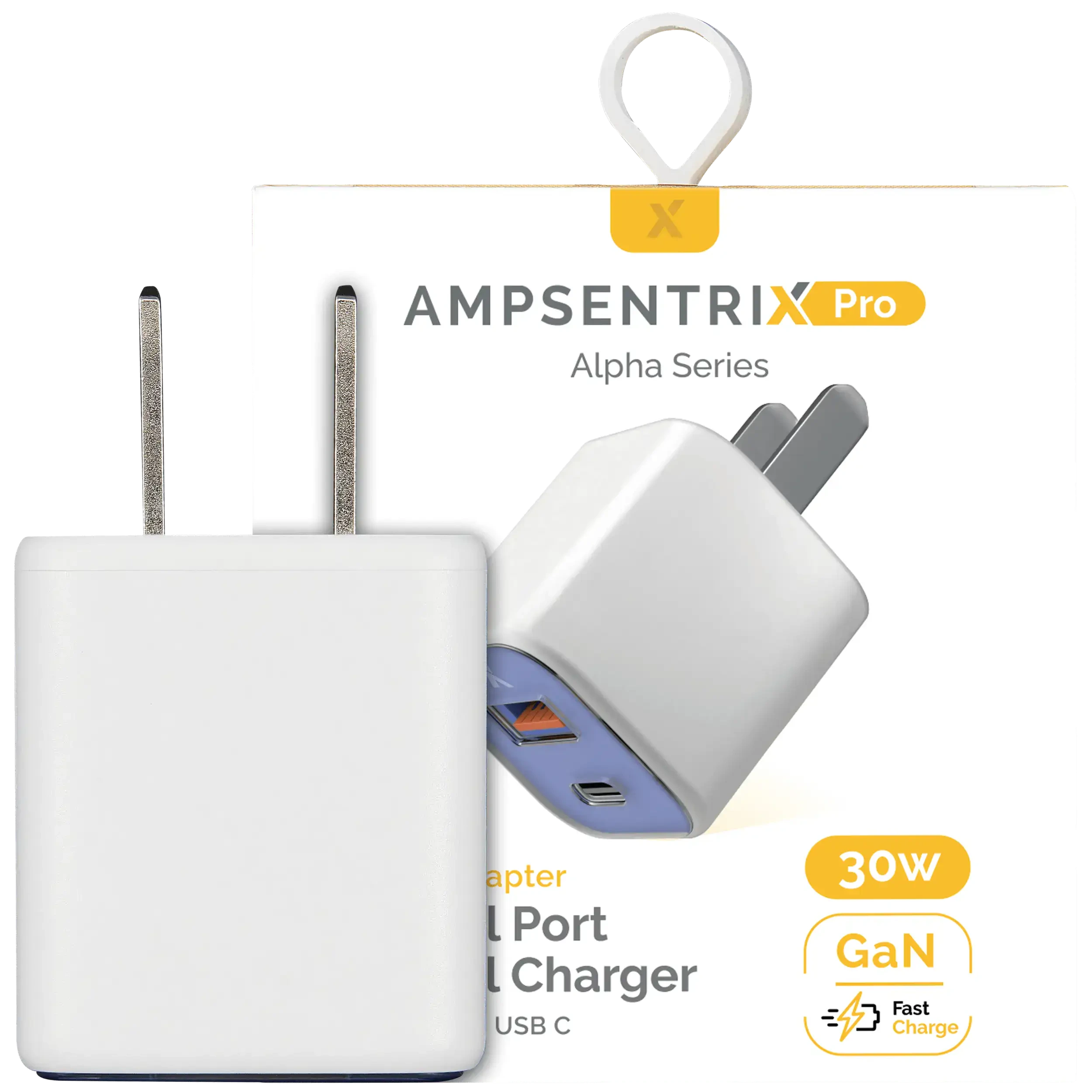 AmpSentrix Pro 30W 2-in-1 USB-C / USB-A GaN Wall Adapter (Blu oltremare)