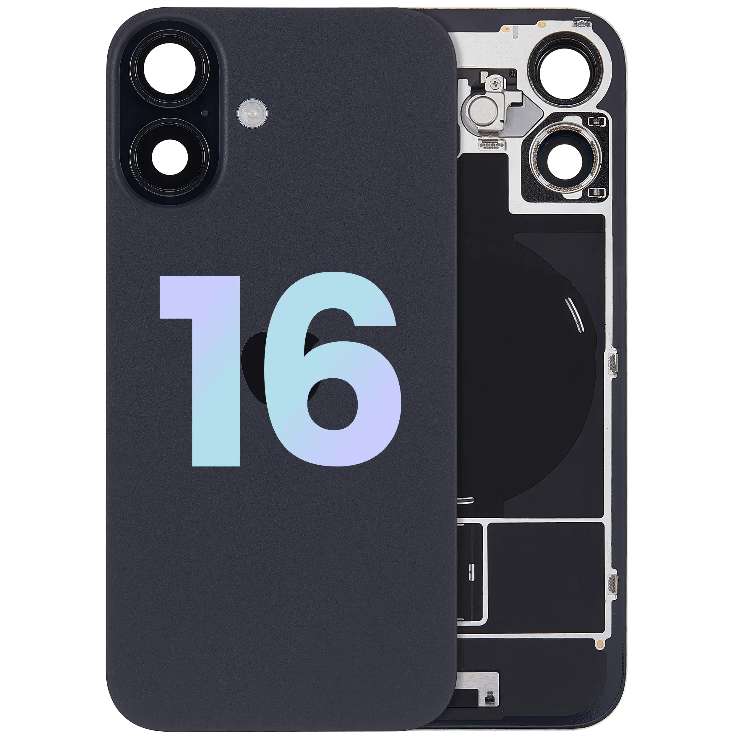 Vetro posteriore con magnete MagSafe, NFC e flat flash per iPhone 16 (Service Pack) (Nero)