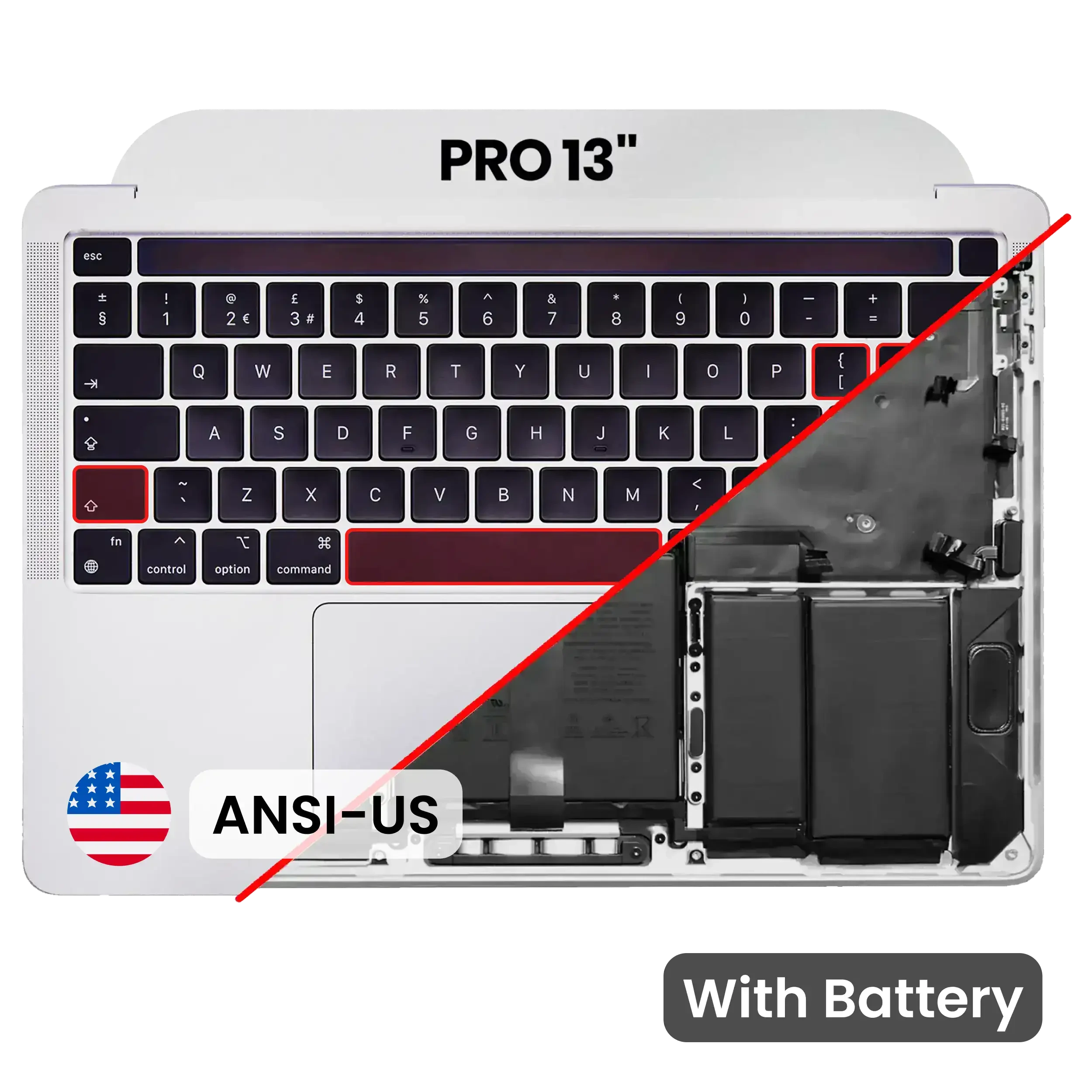 Top Case con Batteria e tastiera (ANSI US) per MacBook Pro 13" A2251 (2020) (Used Service Pack Pull: Grade B/C) (Argento)