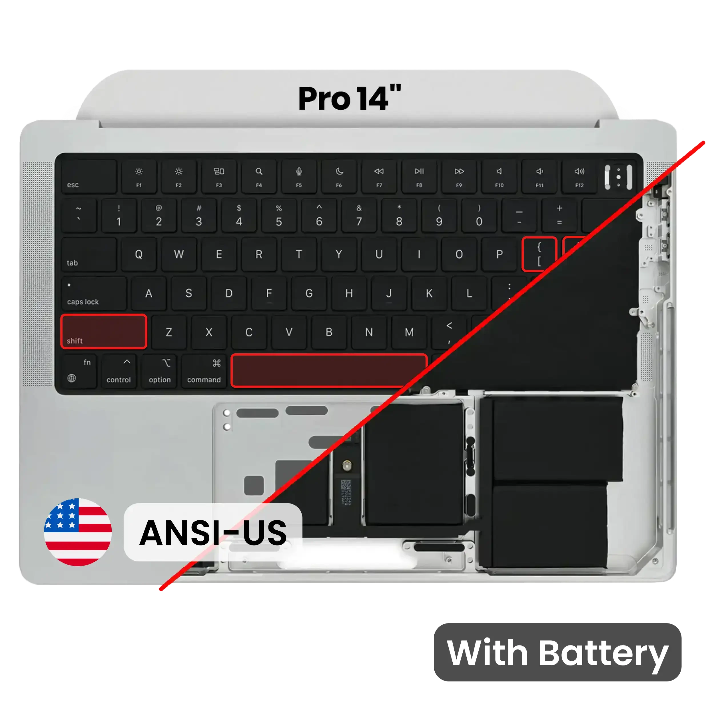 Top Case con Batteria e tastiera (ANSI US) per MacBook Pro 14" A2442 (2021) / A2779 (2023) (Used Service Pack Pull: Grade B/C) (Argento)