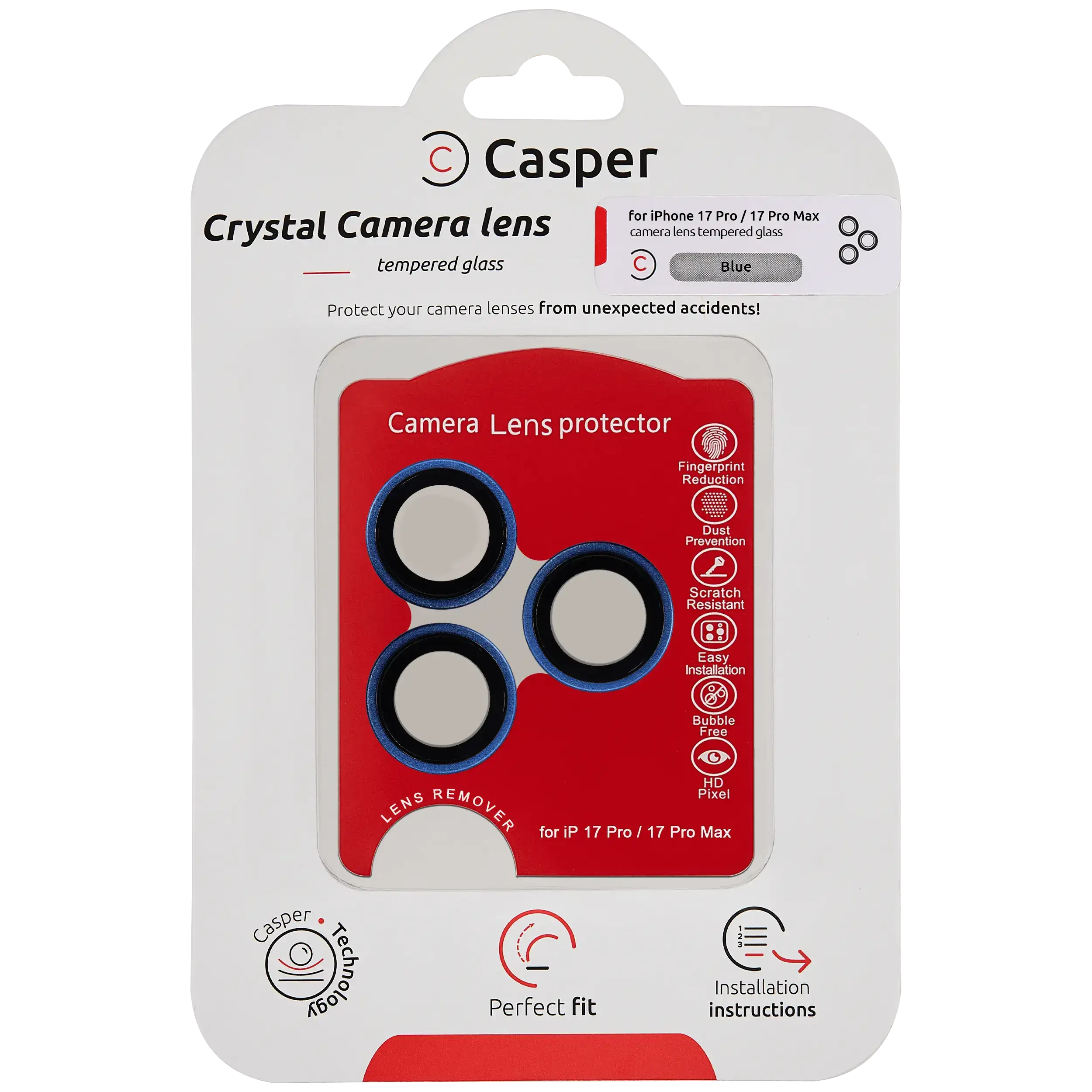 Casper Vetro fotocamera Protector per iPhone 17 Pro / 17 Pro Max (Blu) (Trasparente)