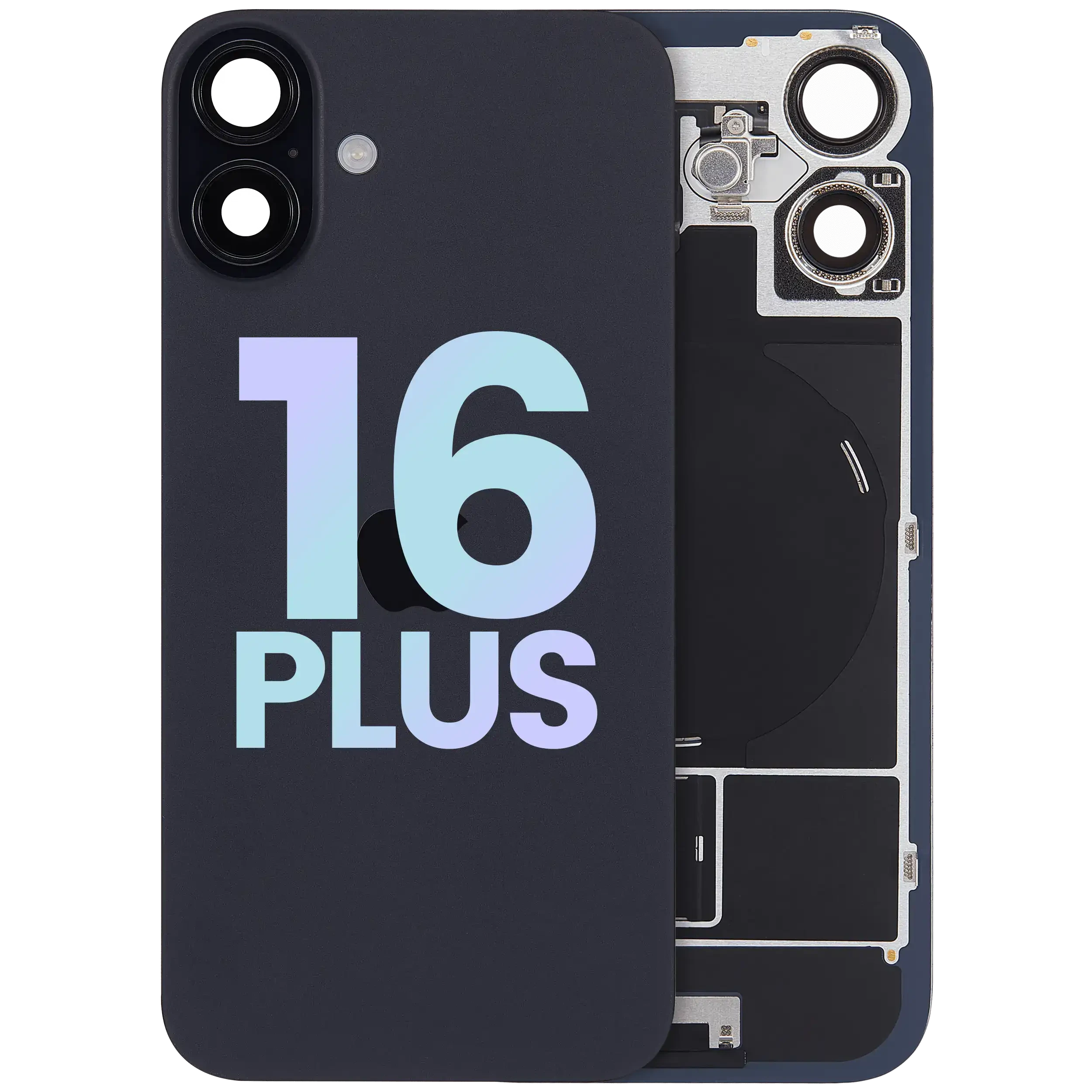 Vetro posteriore con magnete MagSafe, NFC e flat flash per iPhone 16 Plus (Service Pack) (Nero)