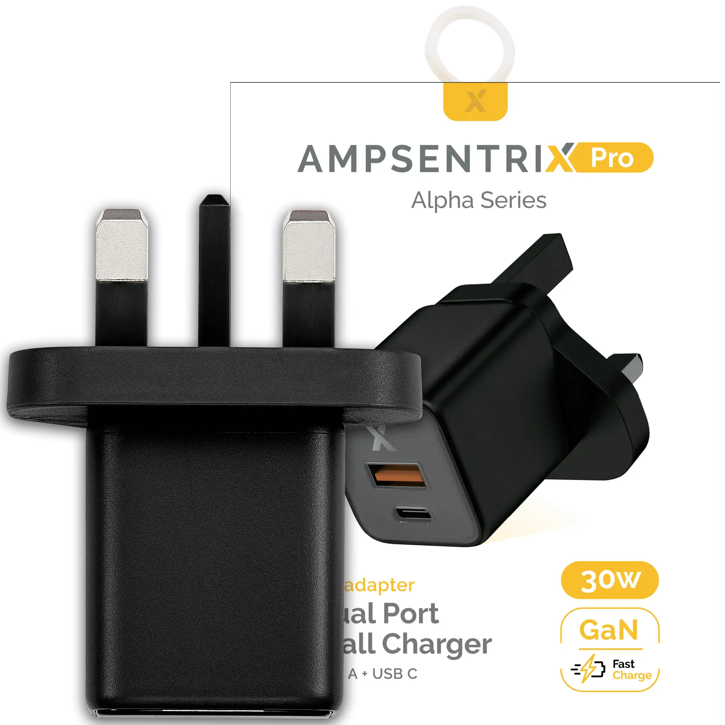 AmpSentrix 30W 2-in-1 USB-C / USB-A Wall Adapter (220V / UK Plug) (Titanio nero)