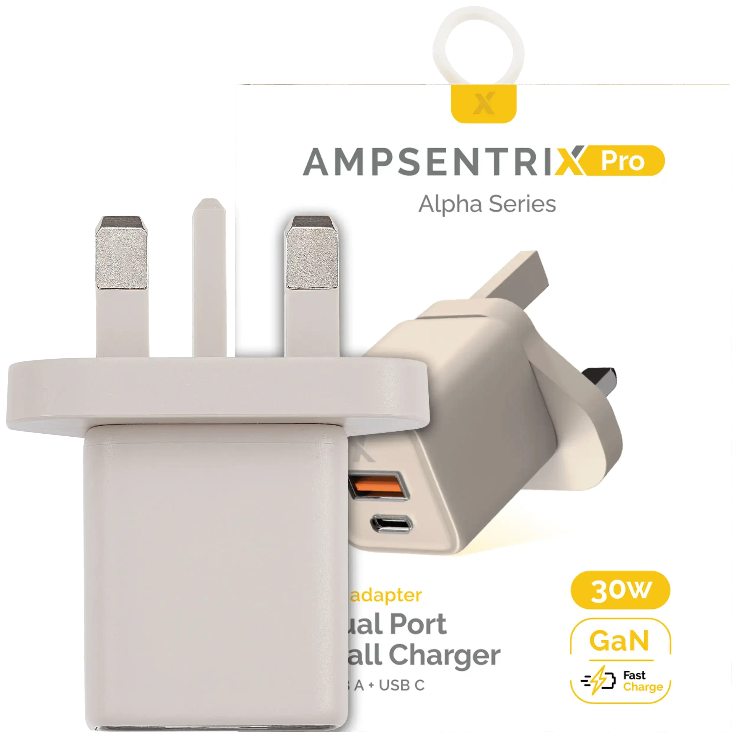 AmpSentrix 30W 2-in-1 USB-C / USB-A Wall Adapter (220V / UK Plug) (Titanio sabbia)