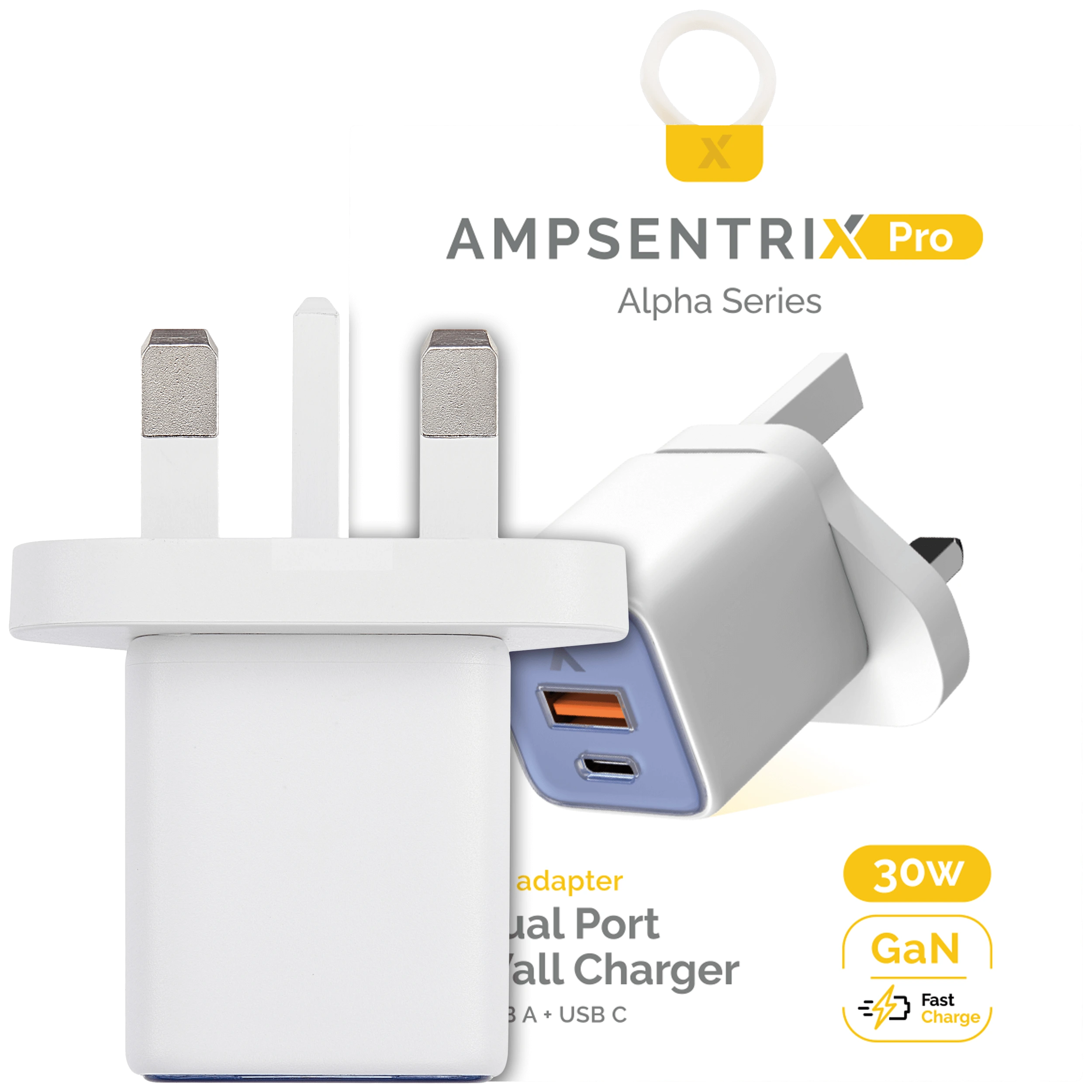 AmpSentrix 30W 2-in-1 USB-C / USB-A Wall Adapter (220V / UK Plug) (Blu oltremare)