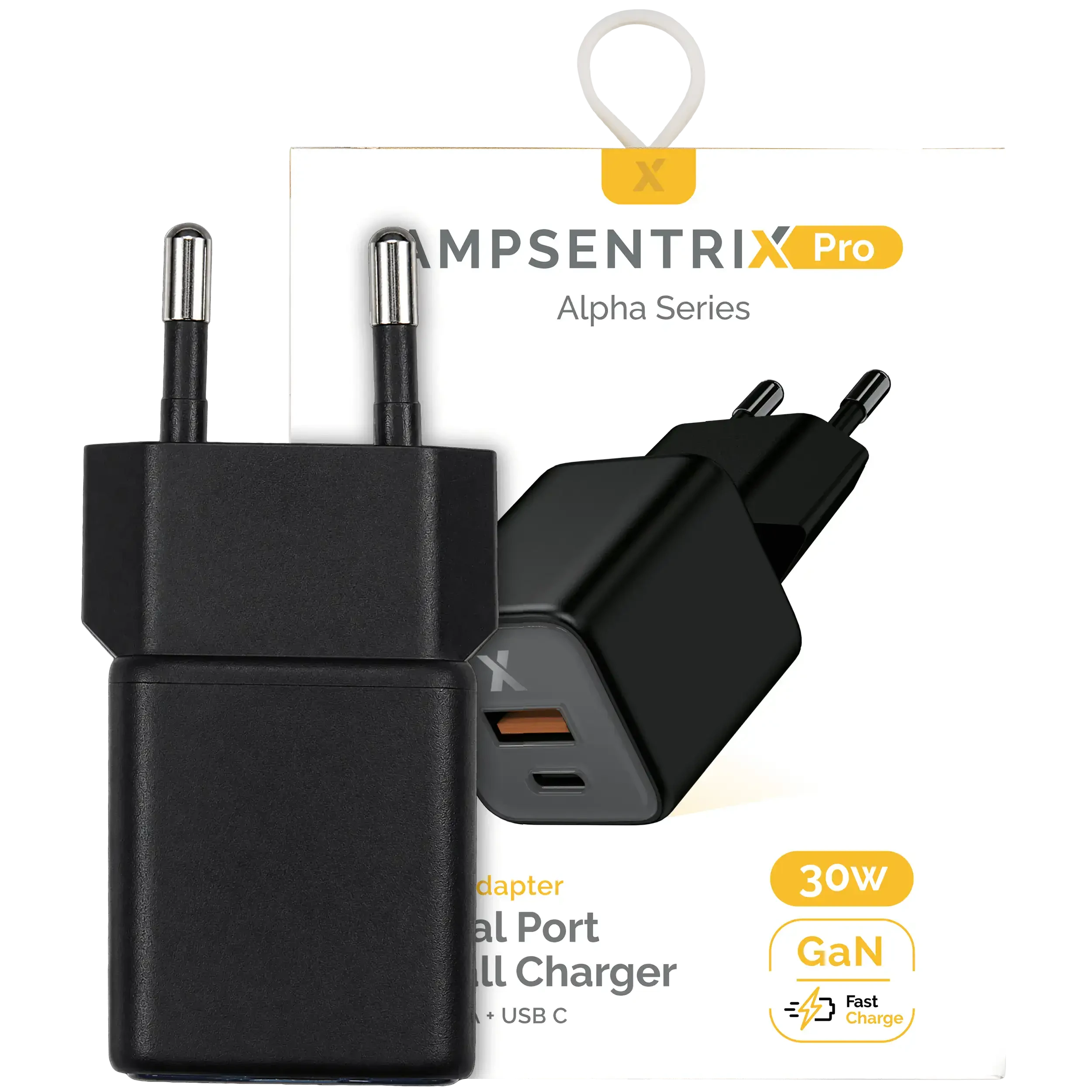 AmpSentrix Pro 30W 2-in-1 USB-C / USB-A GaN Wall Adapter (220V / EU Plug) (Titanio nero)