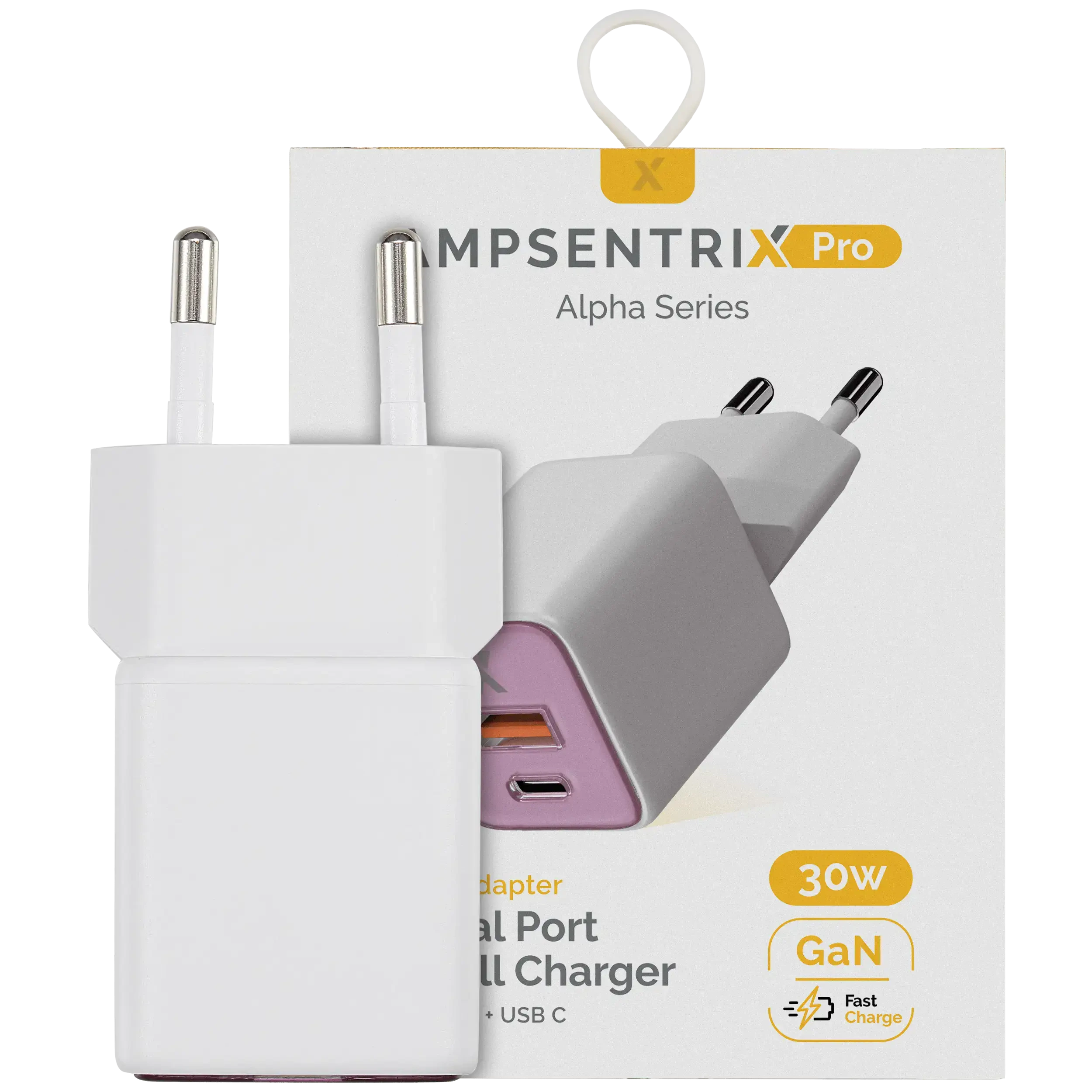 AmpSentrix Pro 30W 2-in-1 USB-C / USB-A GaN Wall Adapter (220V / EU Plug) (Rosa)