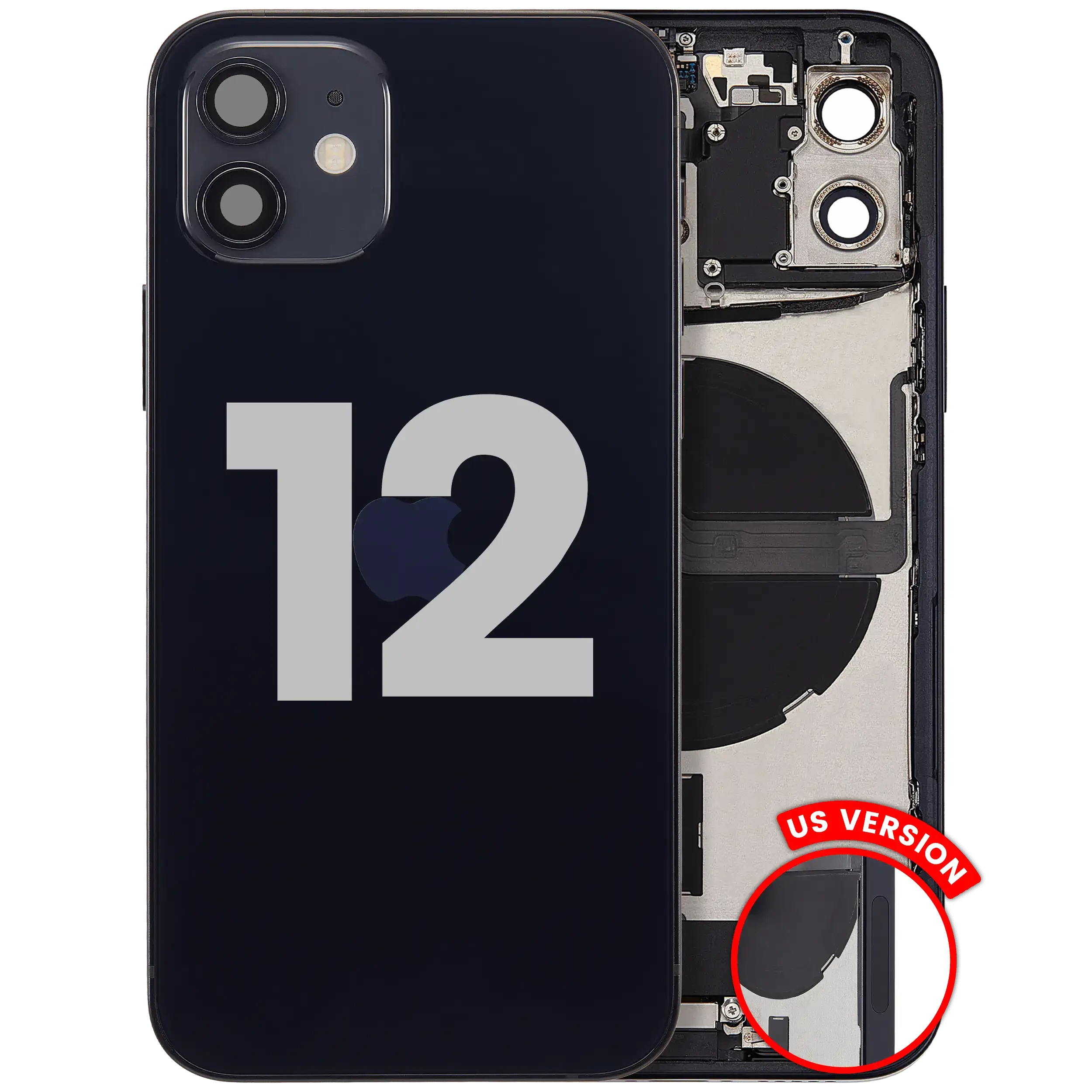 Scocca posteriore con flat connettore di ricarica e minuteria per iPhone 12 (US Version) (Used Service Pack Pull: grado A) (Nero)