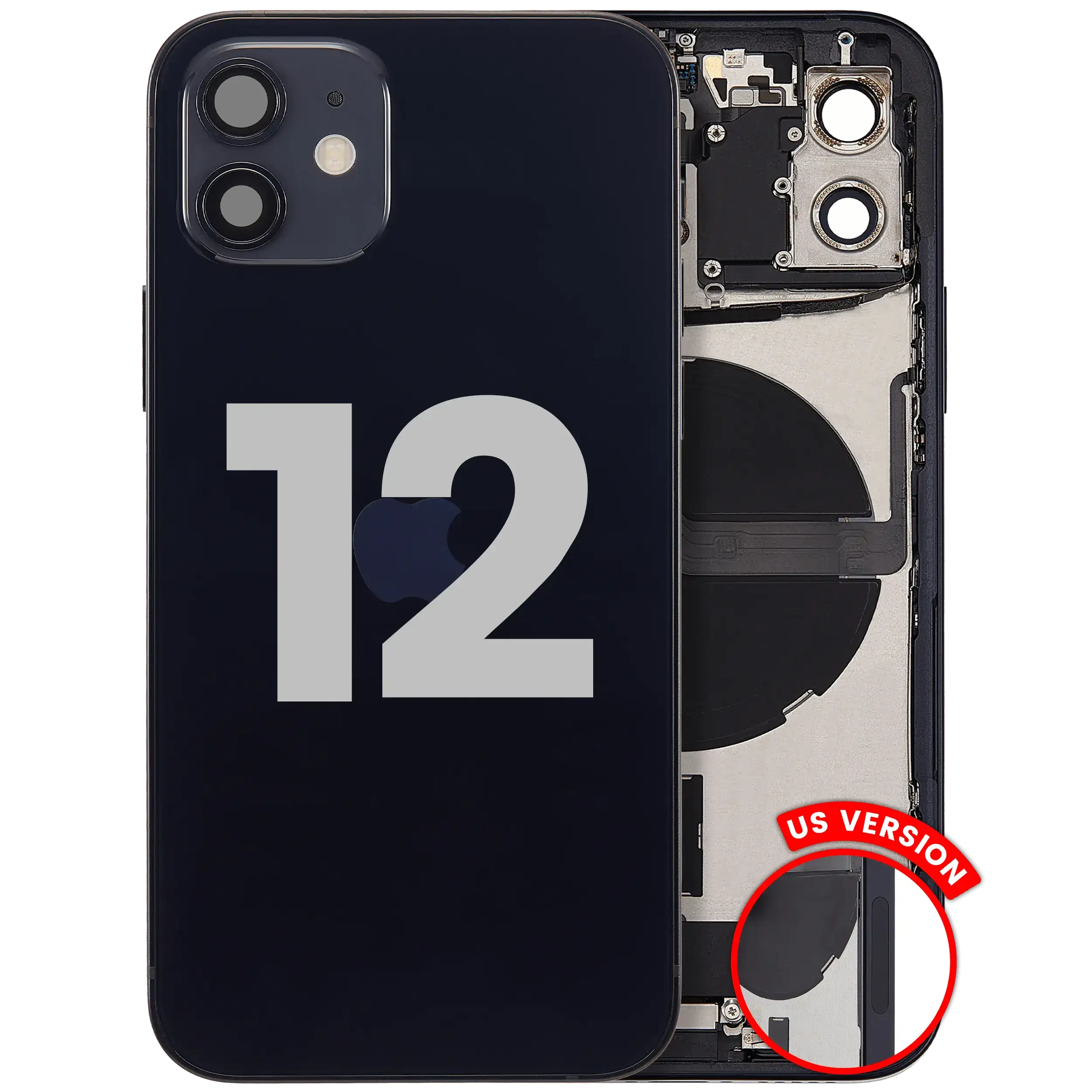 Scocca posteriore con flat connettore di ricarica e minuteria per iPhone 12 (US Version) (Used Service Pack Pull: Grade B) (Nero)