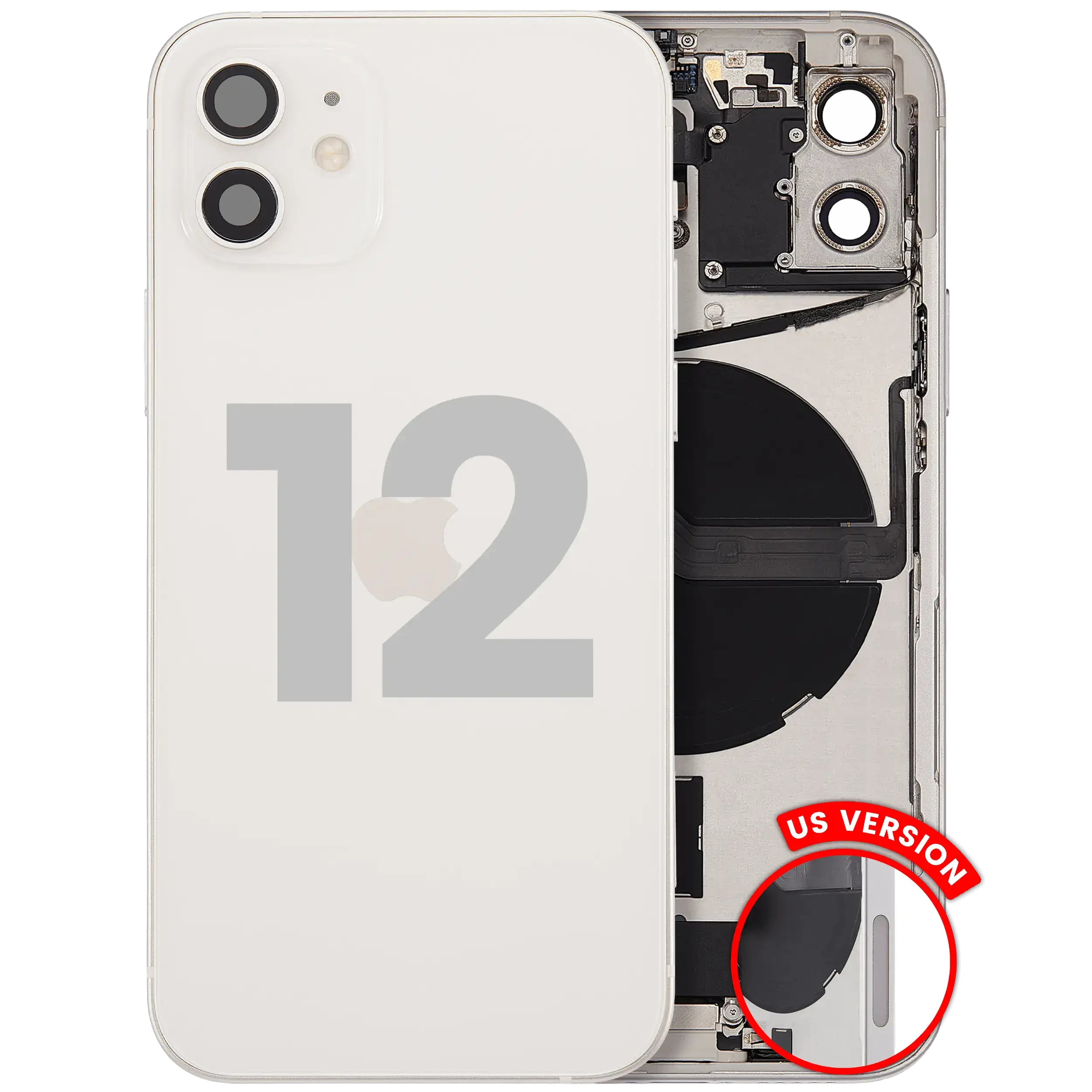 Scocca posteriore con flat connettore di ricarica e minuteria per iPhone 12 (US Version) (Used Service Pack Pull: Grade B) (Bianco)