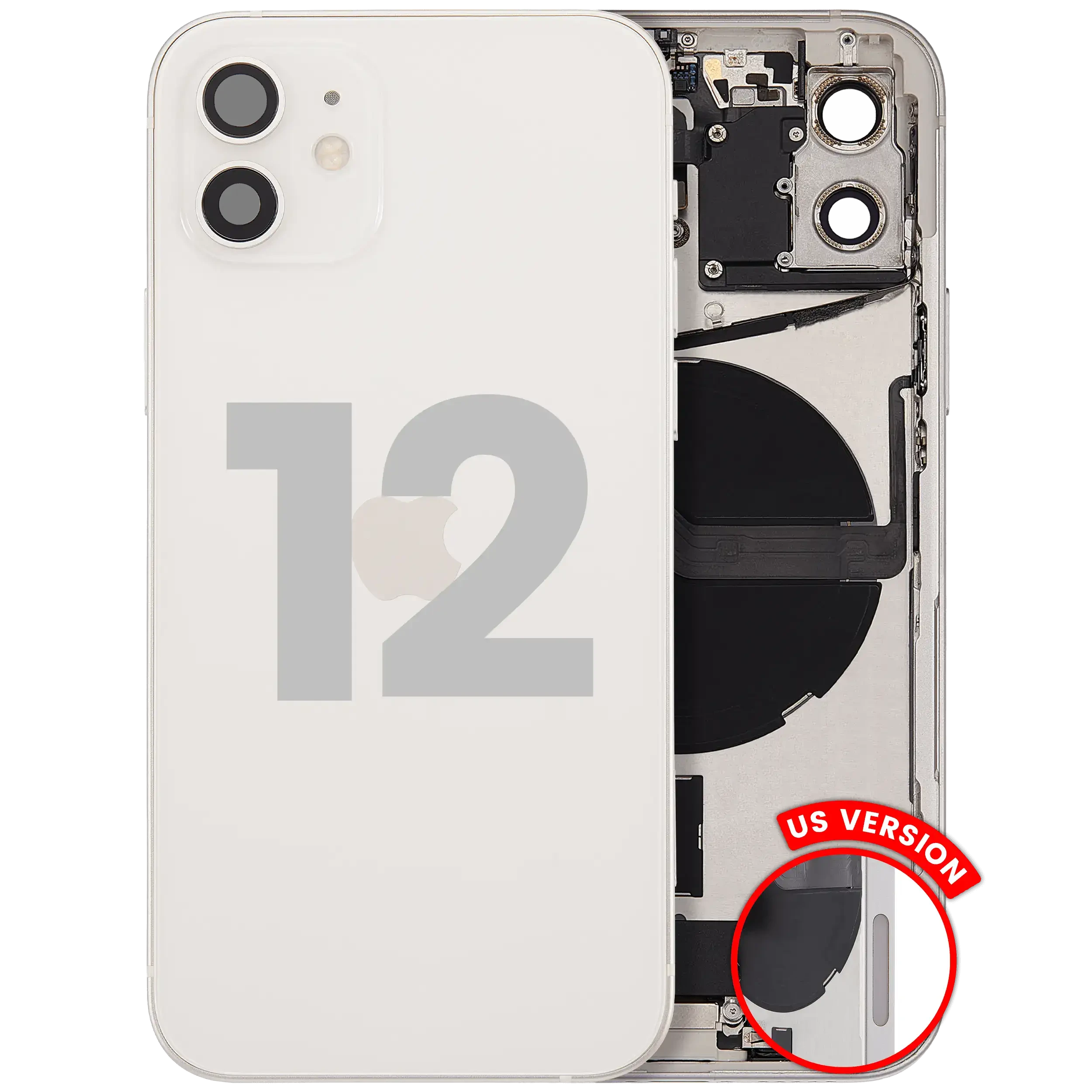 Scocca posteriore con flat connettore di ricarica e minuteria per iPhone 12 (US Version) (Used Service Pack Pull: grado A) (Bianco)