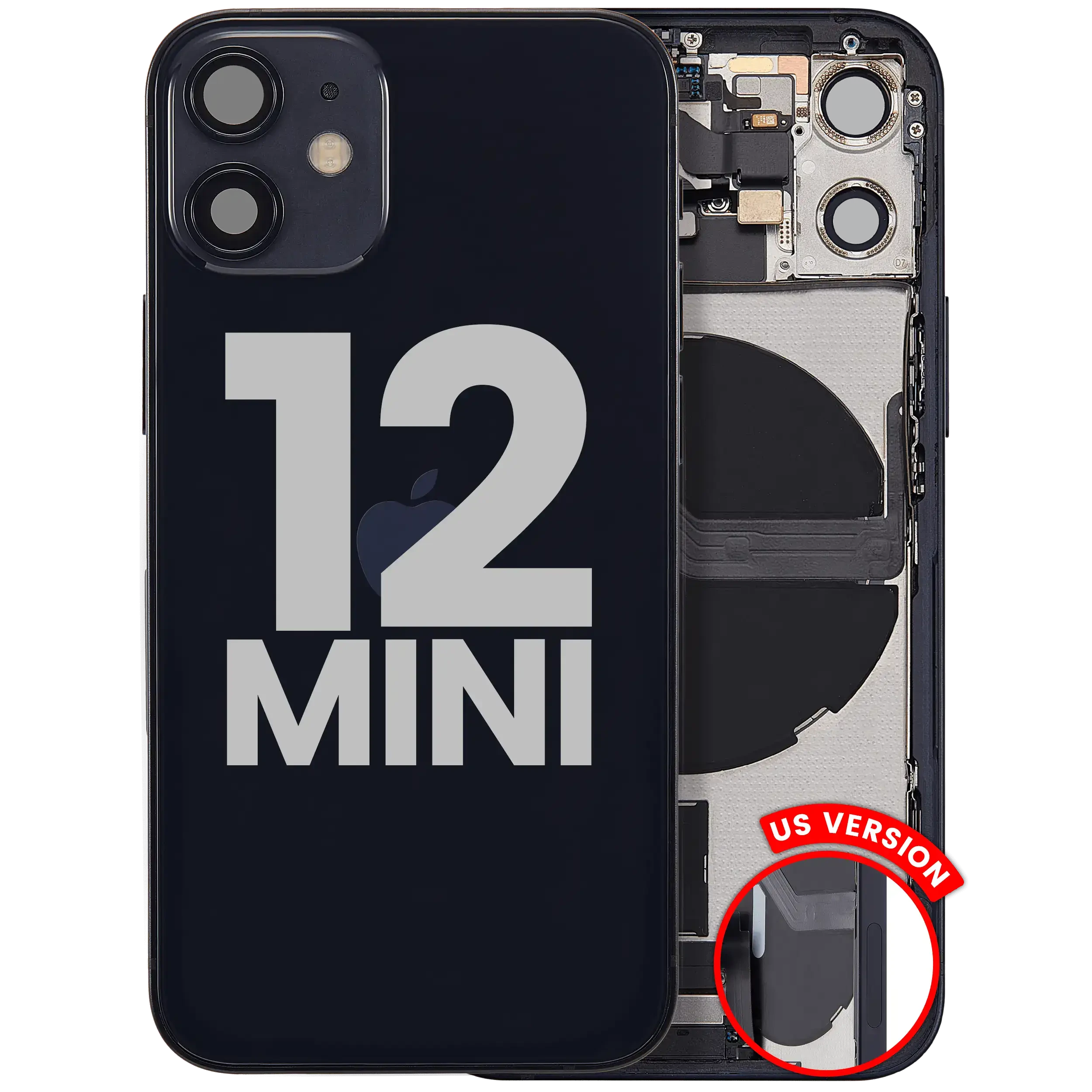 Scocca posteriore con flat connettore di ricarica e minuteria per iPhone 12 Mini (US Version) (Used Service Pack Pull: Grade C) (Nero)