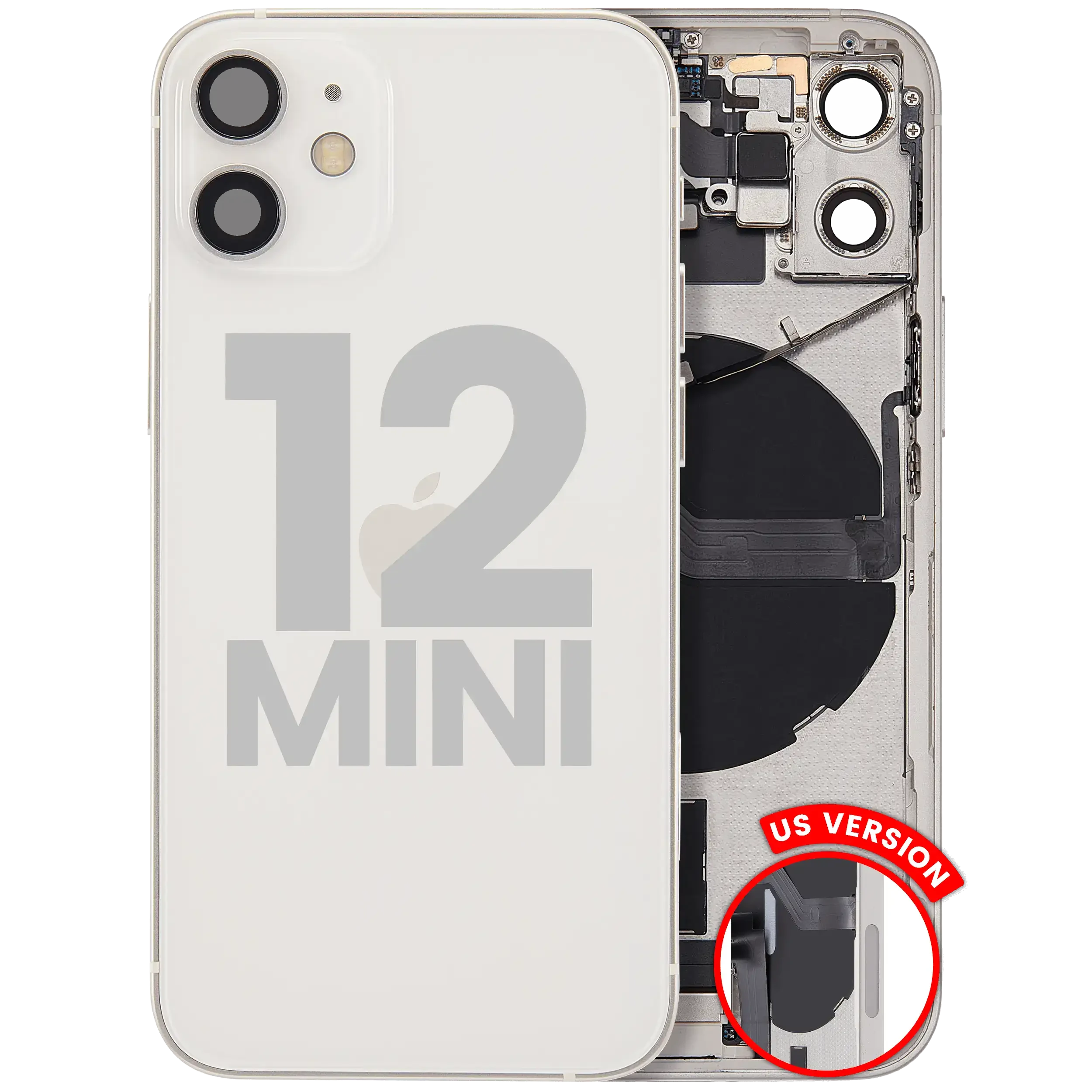 Scocca posteriore con flat connettore di ricarica e minuteria per iPhone 12 Mini (US Version) (Used Service Pack Pull: Grade C) (Bianco)