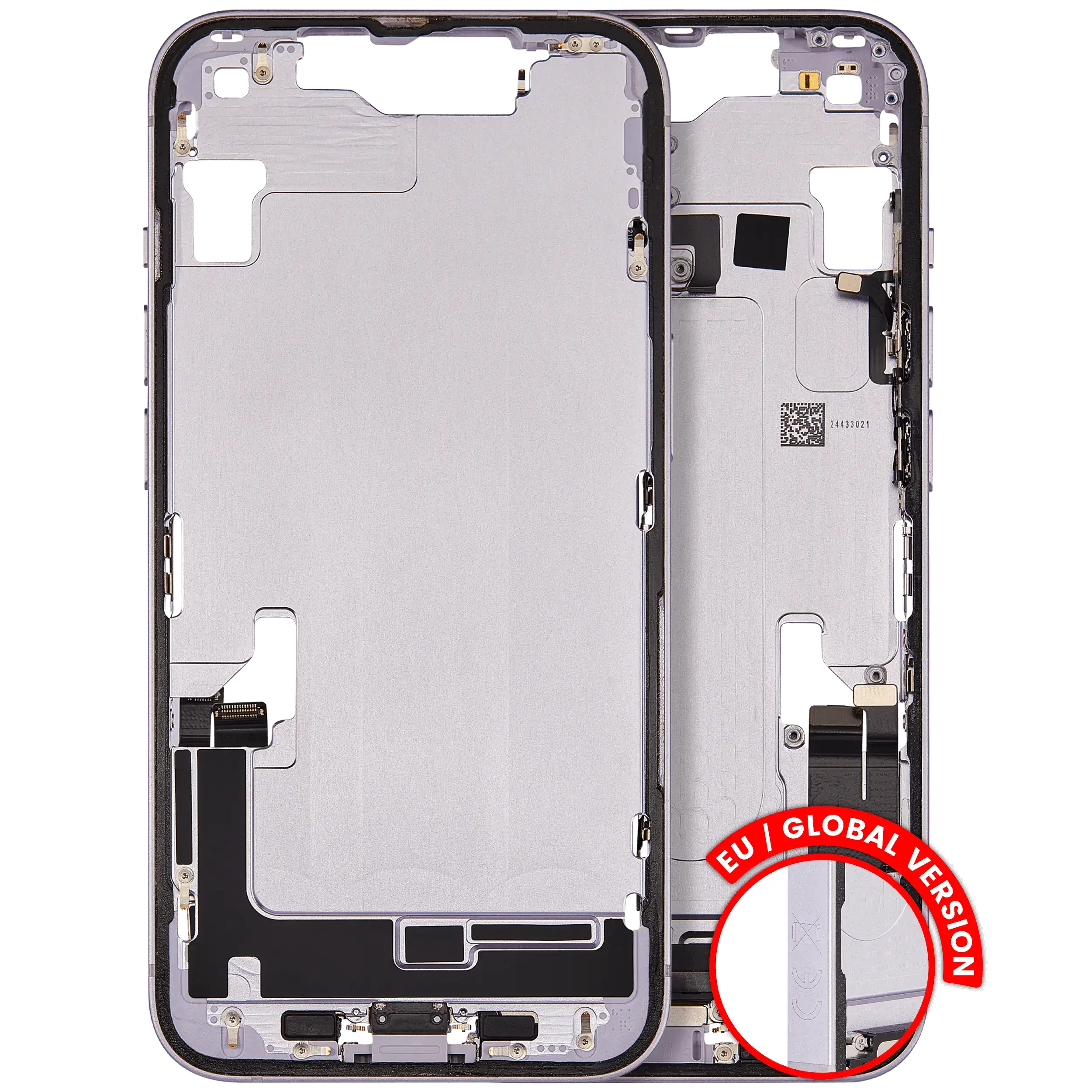Frame centrale W/ Connettore di ricarica flat e Minuteria per iPhone 14 (EU / Global Version) (Used Service Pack Pull: Grade C) (Viola)