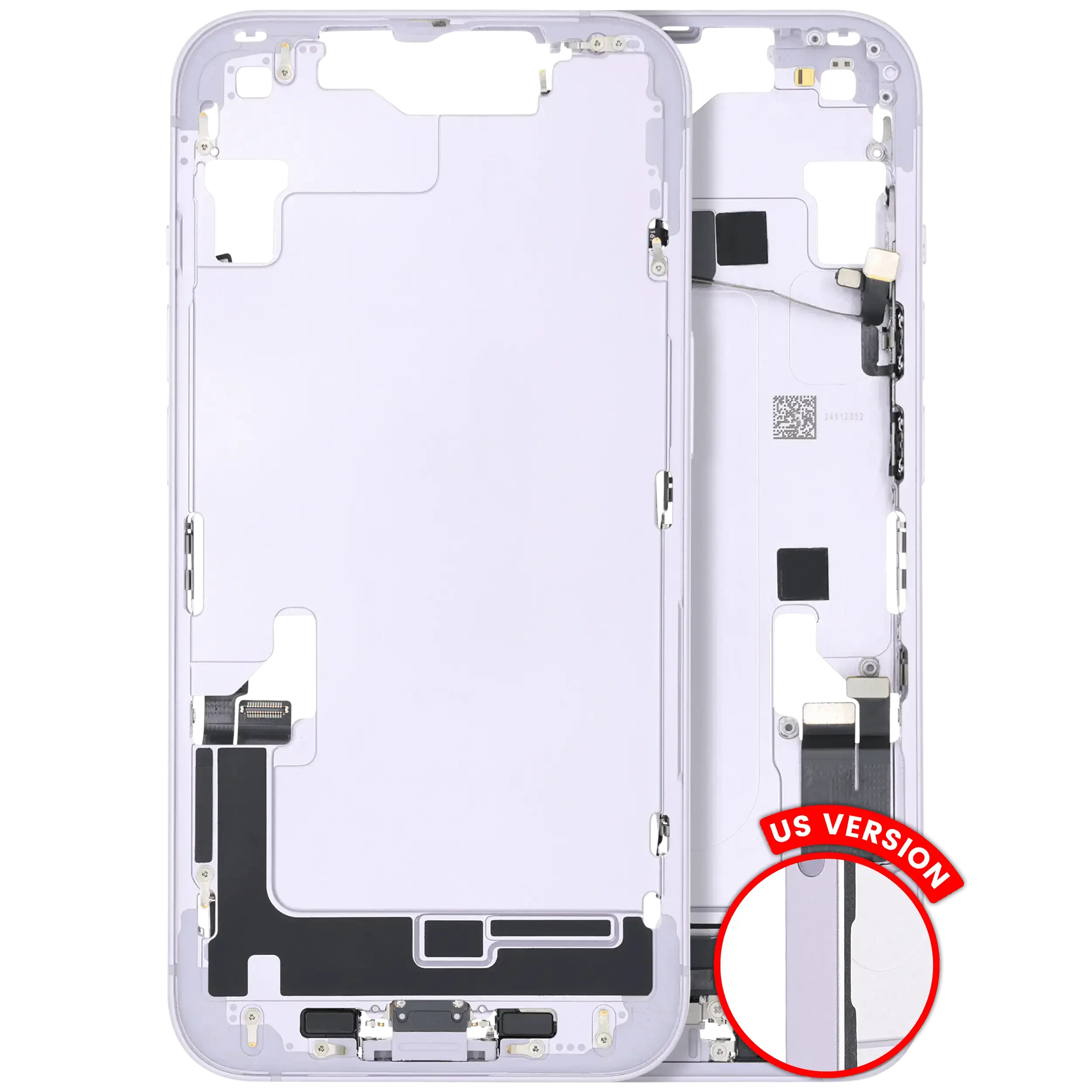 Frame centrale W/ Connettore di ricarica flat e Minuteria per iPhone 14 (US Version) (Used Service Pack Pull: grado A) (Viola)
